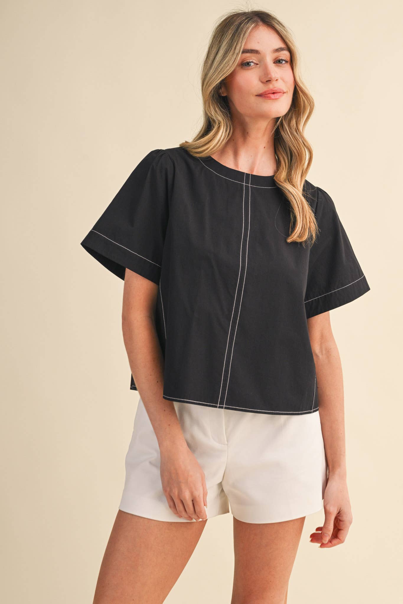 SEAM DETAIL SHORT SLEEVE BOXY TOP MTP4795: APPLE GREEN / M