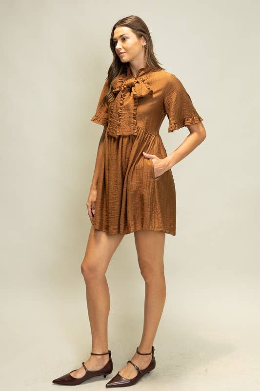 JOD1247 Crinkle Texture Mini Dress with Ruffle Neck Tie: COCOA / S-M-L (2-2-2)