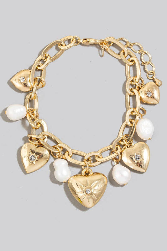 Studded Heart And Pearl Charms Chain Bracelet: GDCRM