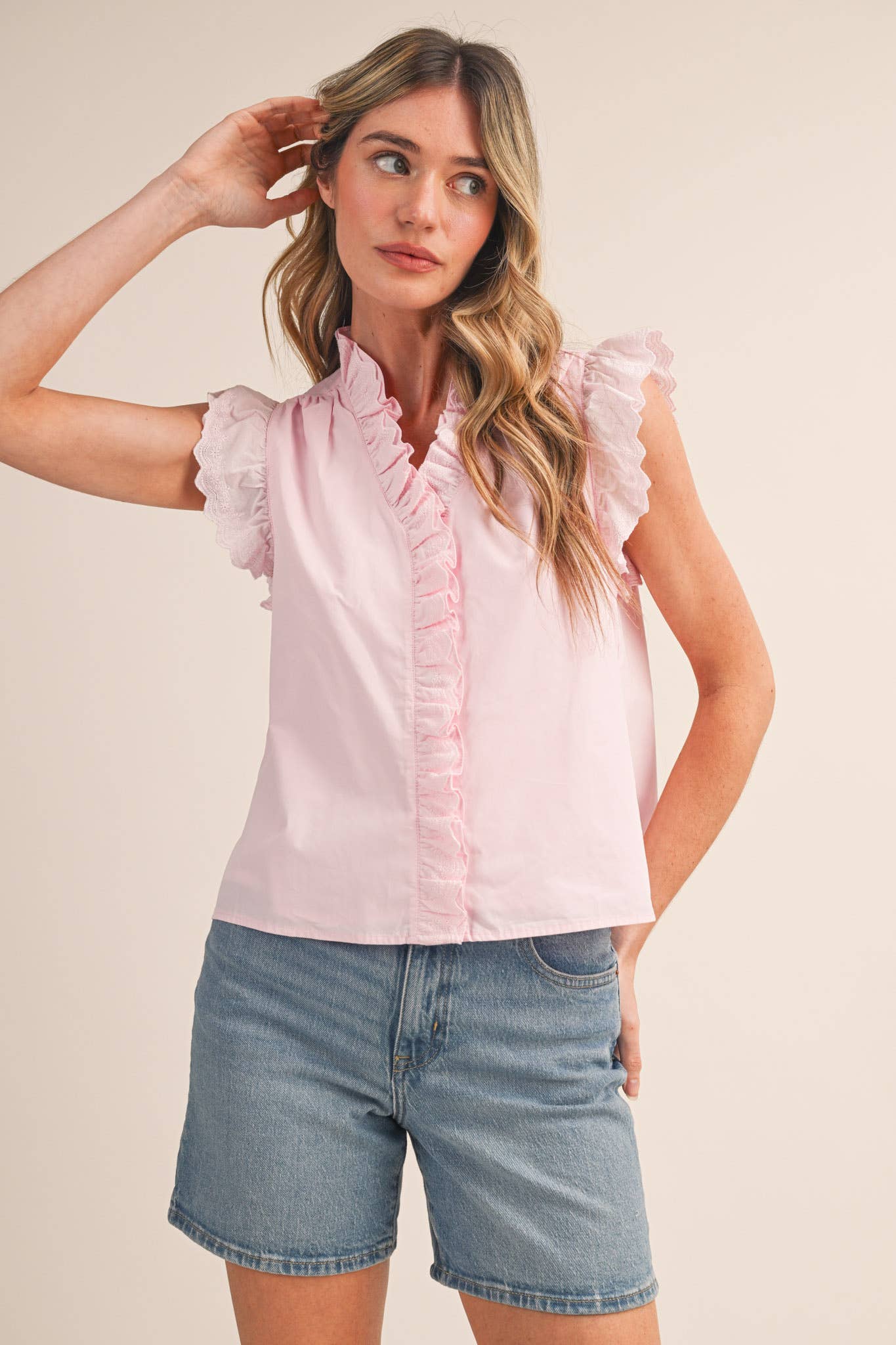 LACE TRIM RUFFLED BUTTON DOWN TOP MTP4764: LEMON DROP / M