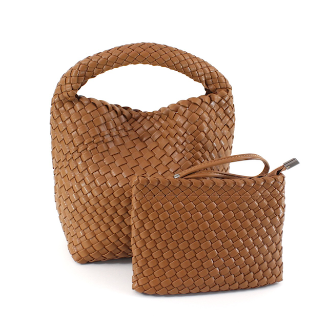 P24015 Medium Woven Hobo Crossbody Bag w/Cosmetic Pouch: 03 Khaki