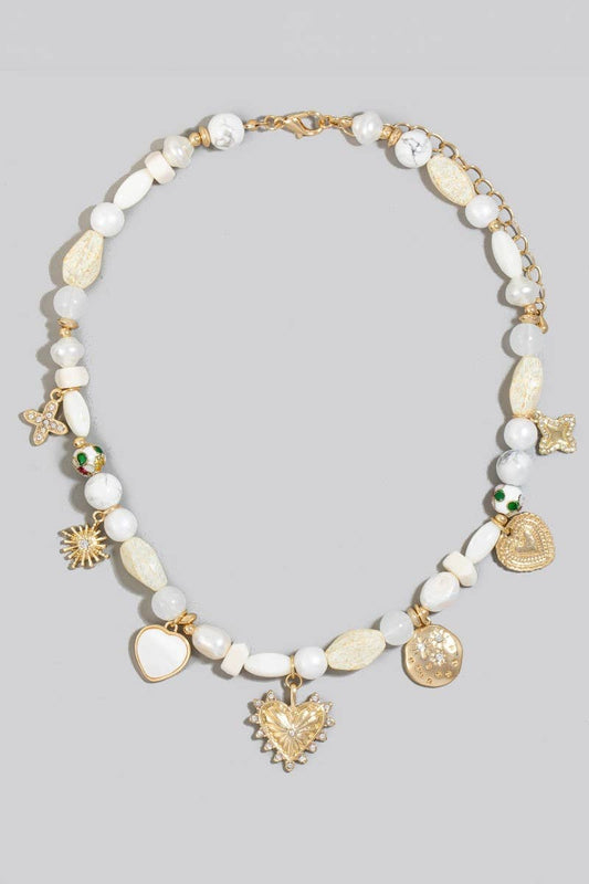 Mixed Beads And Heart Charms Chain Necklace: GDIVY