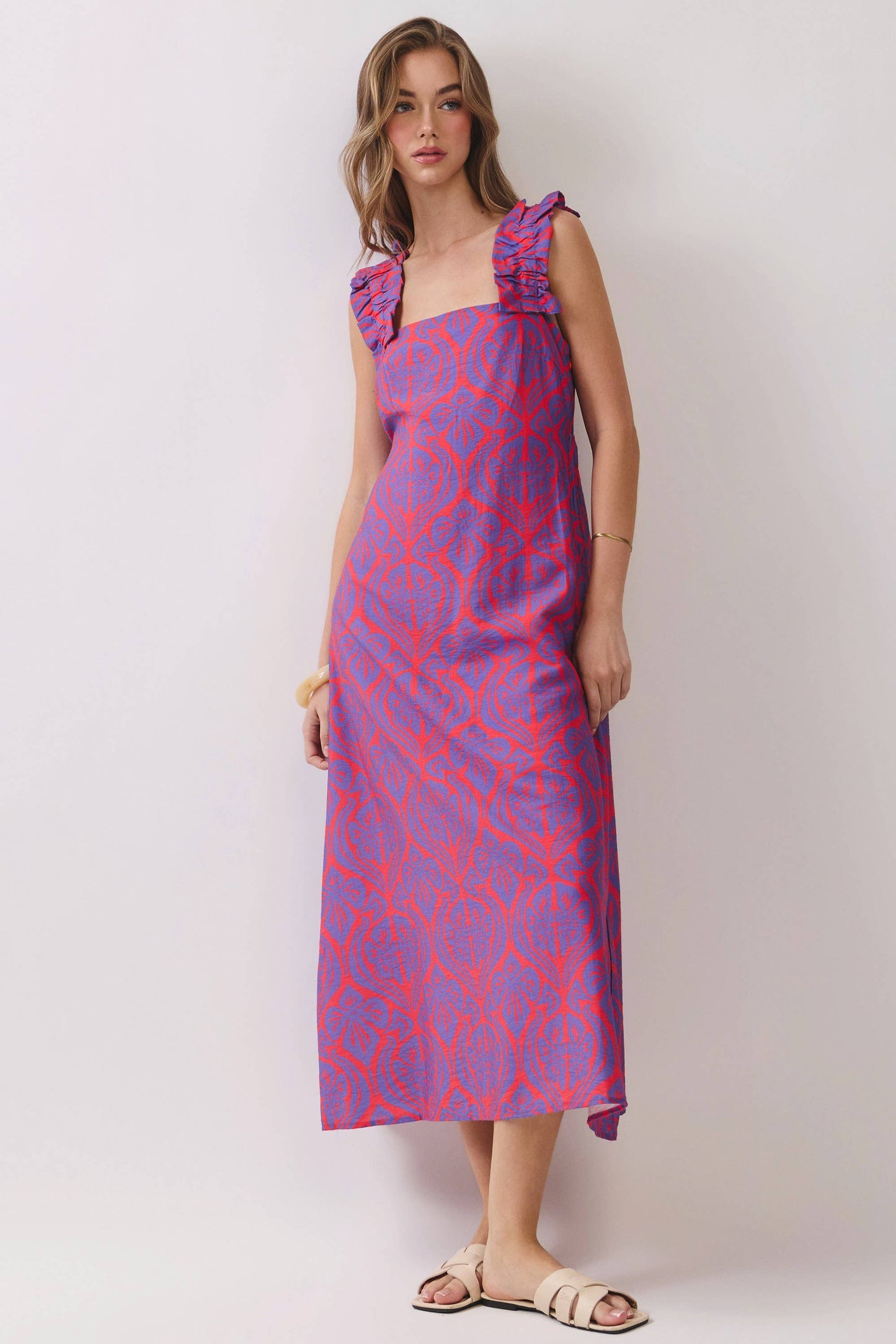 CD07126-Ruffle Strap Geometric Print Midi Dress: Red / L