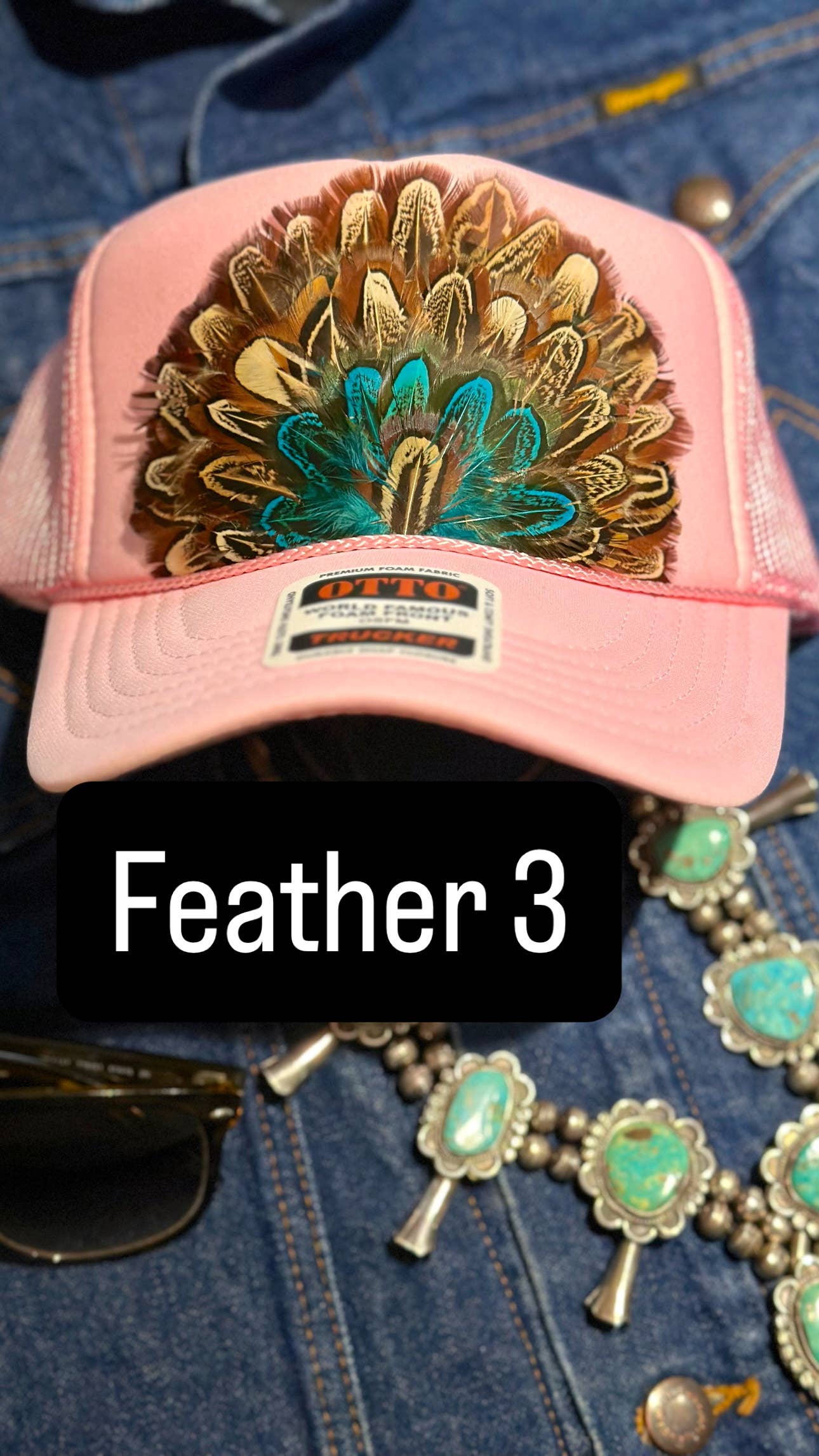 LIGHT PINK FEATHER TRUCKER HAT: No Faux Turquoise / Feather 9