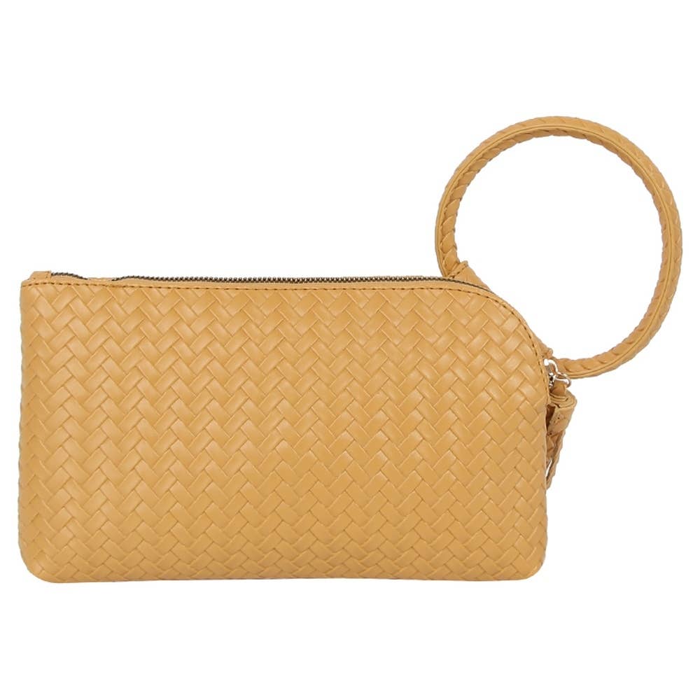 Faux Leather Woven Fringe Cuff Handle Clutch Bag: TN
