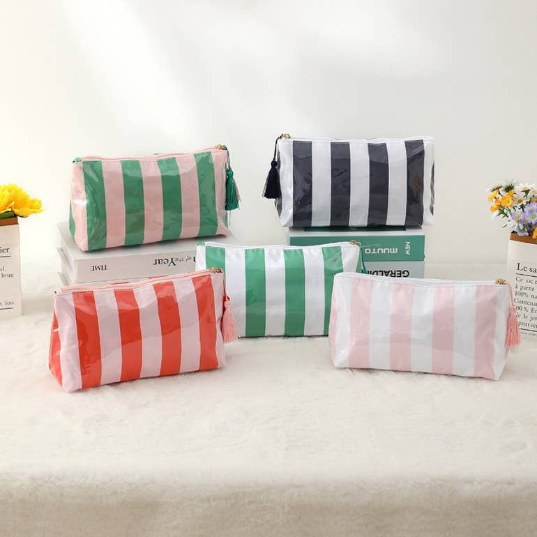 TRAVEL STRIPE COSMETIC MAKEUP POUCH BAG | 40P594: PINK RED