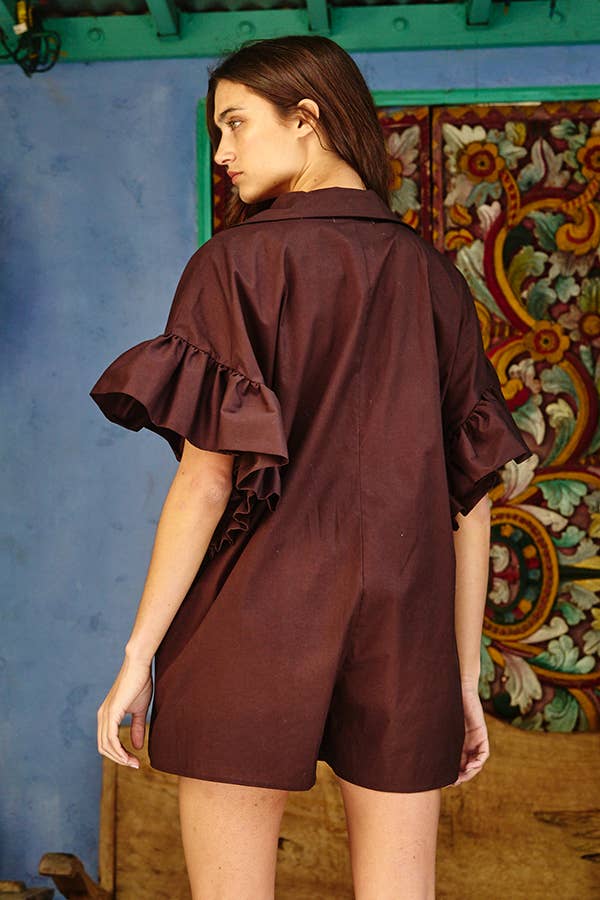 R5280 Ruffled Sleeve Solid Romper: BROWN / S-M-L (2-2-2)