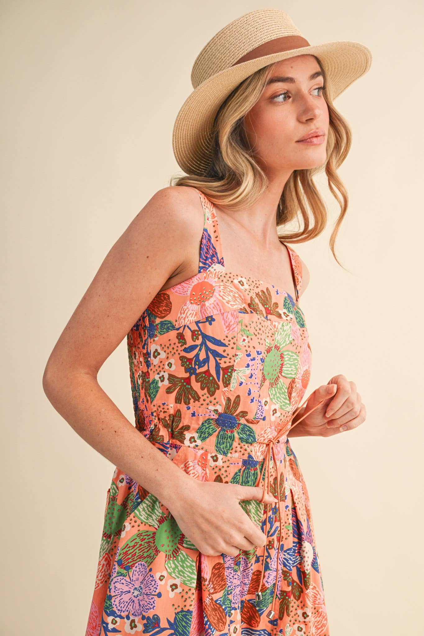 EXCLUSIVE FLORAL PLEATED CROPPED WIDE LEG JUMPSUIT MP4967: CORAL MULTI / S