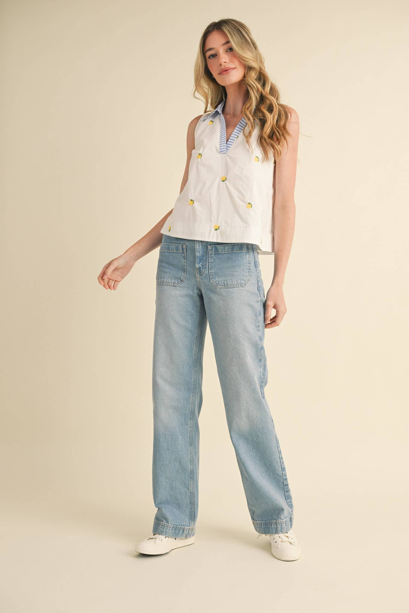FRUIT EMBROIDERY COLLARED TANK MTP3591: Lemon / L