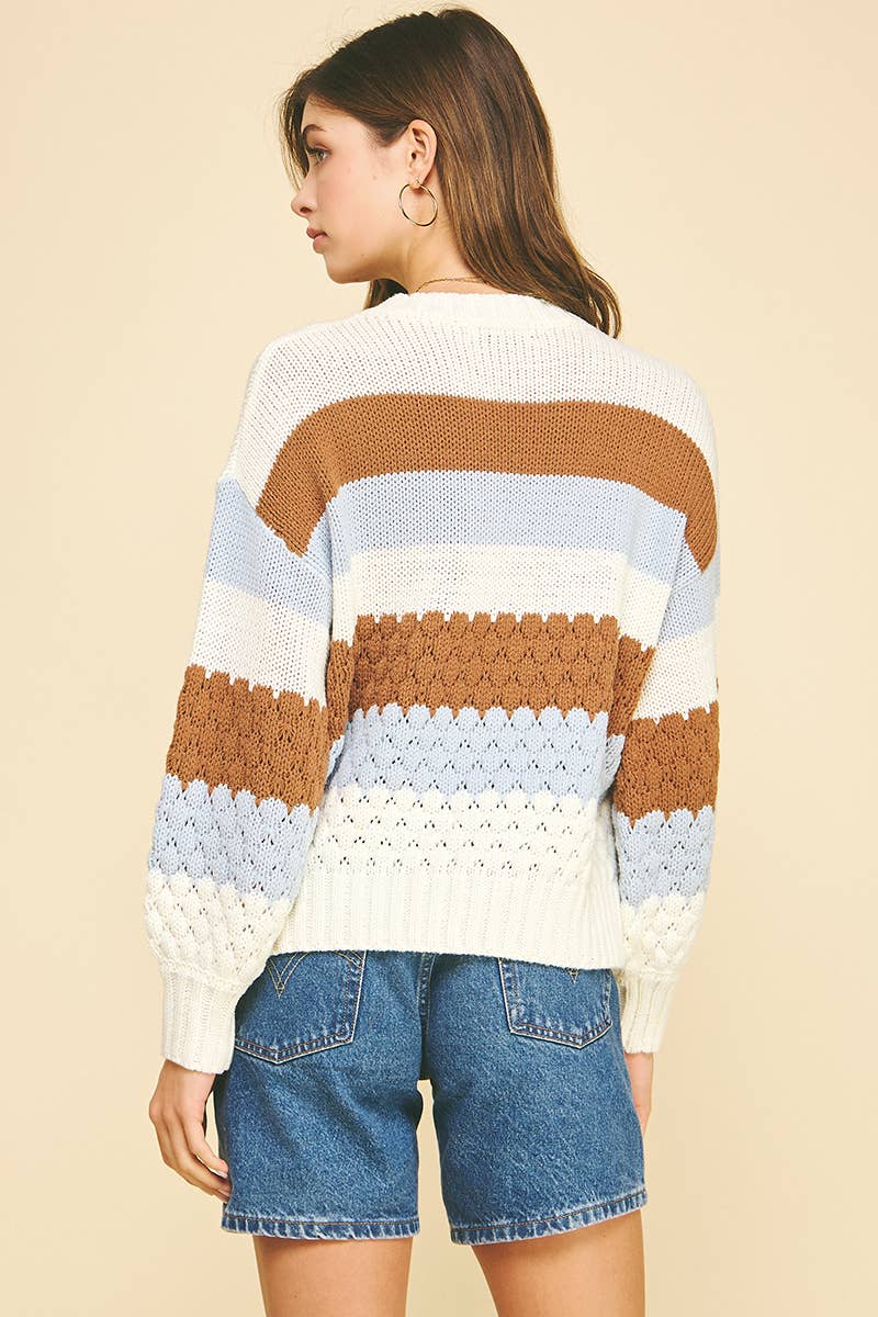COLORBLOCK EMBROIDERED SWEATER - 6301WS: CREAM/BROWN/LT BLUE / M