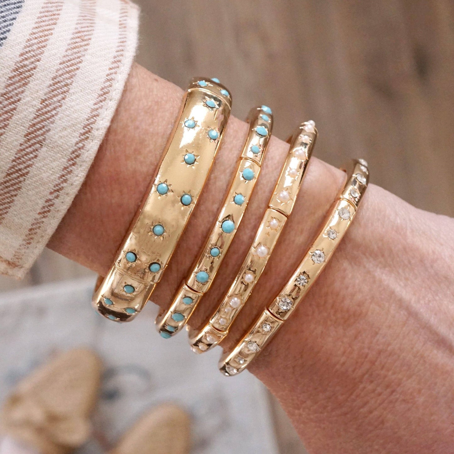Gold-Tone Eternity Stretch Bangle – Pearls, Turquoise, or Crystals: Wide - Turquoise