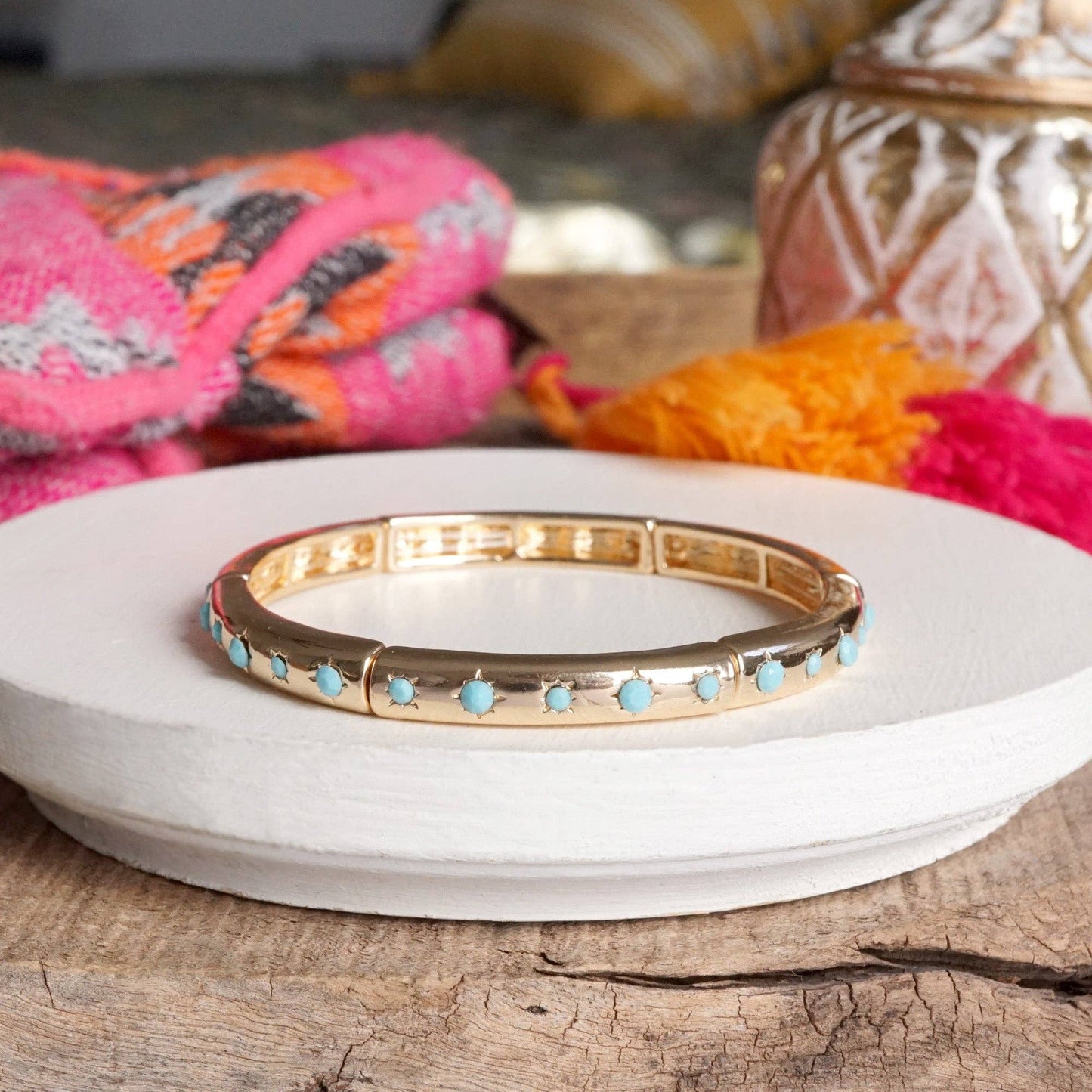 Gold-Tone Eternity Stretch Bangle – Pearls, Turquoise, or Crystals: Wide - Turquoise