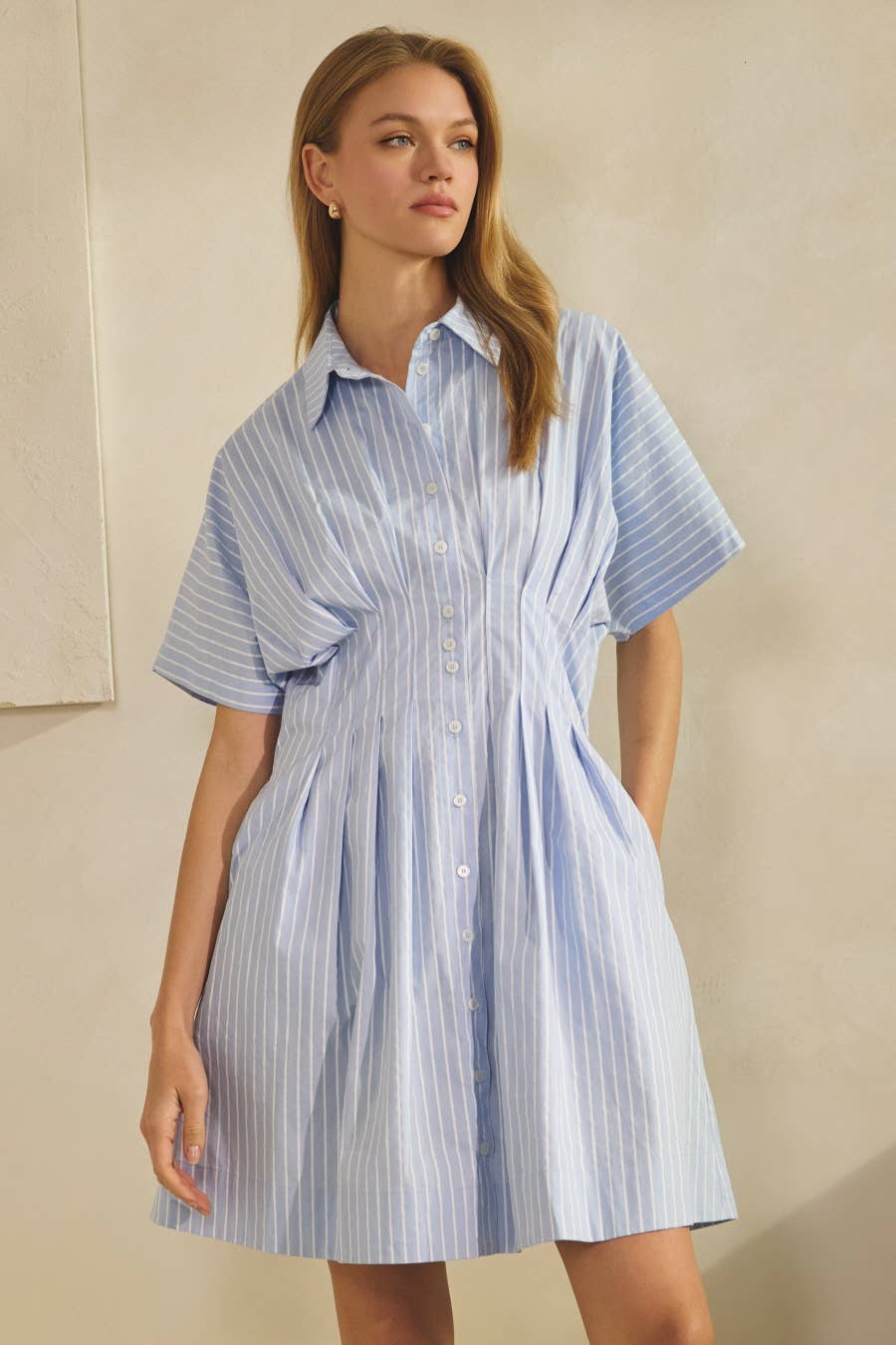 Striped Short-sleeve Shirt Dress: Apple Green / S