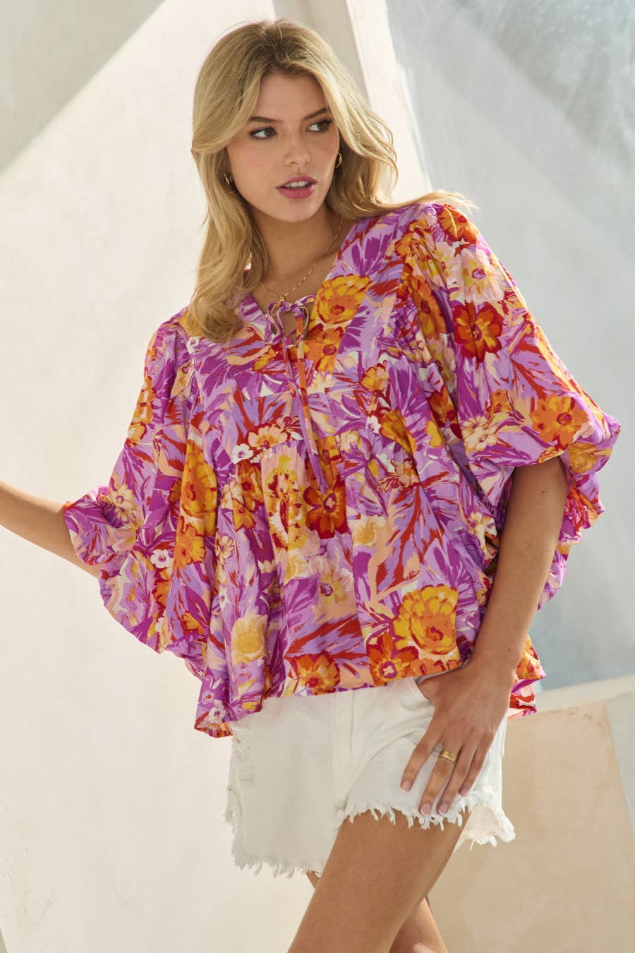 Printed Blouse With Wide Bubble Sleeve: Olive Garden / S