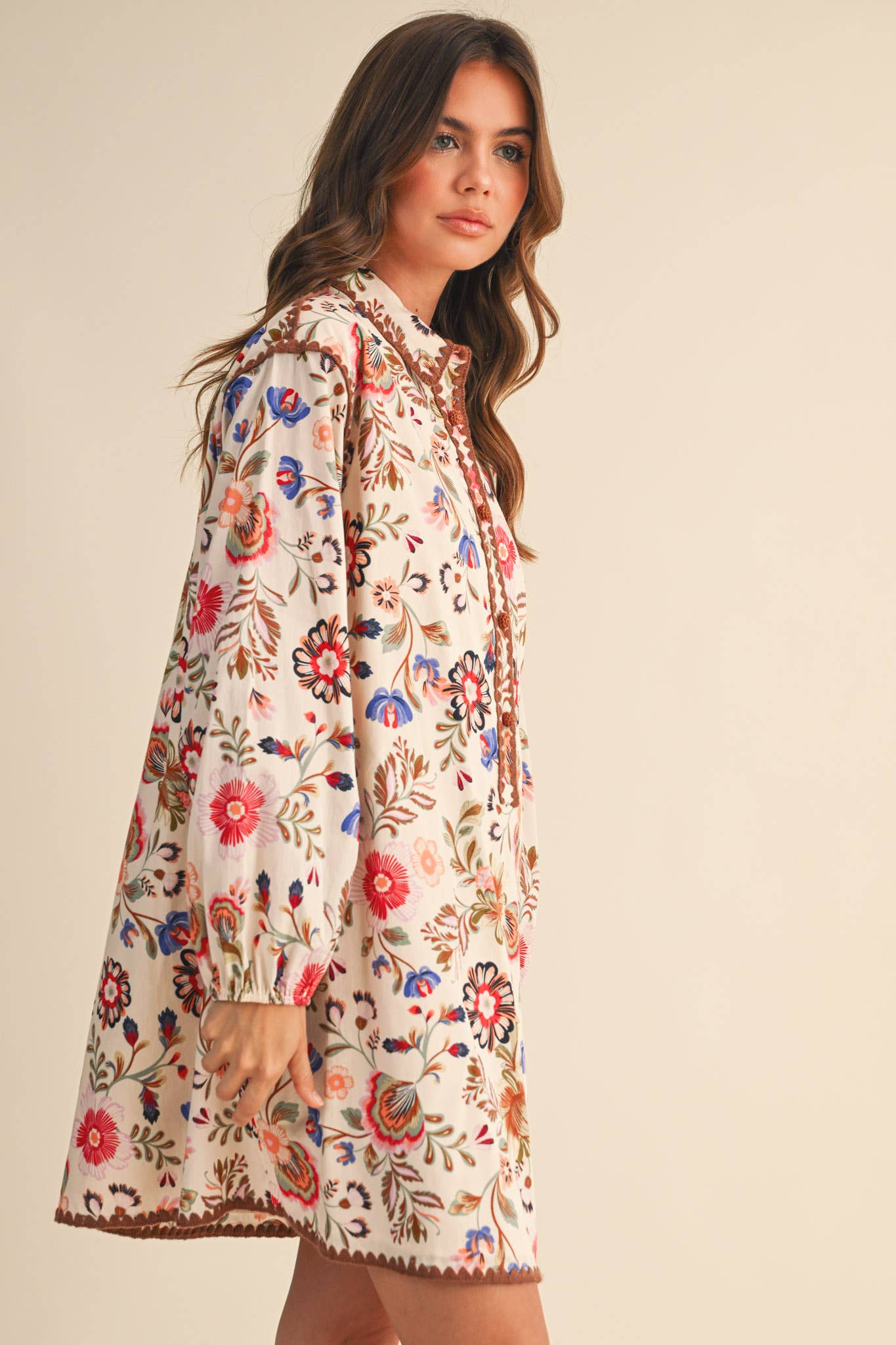 EXCLUSIVE PRINT BLANKET STITCH BUTTONED MINI DRESS MDR4298: Cream Multi / L