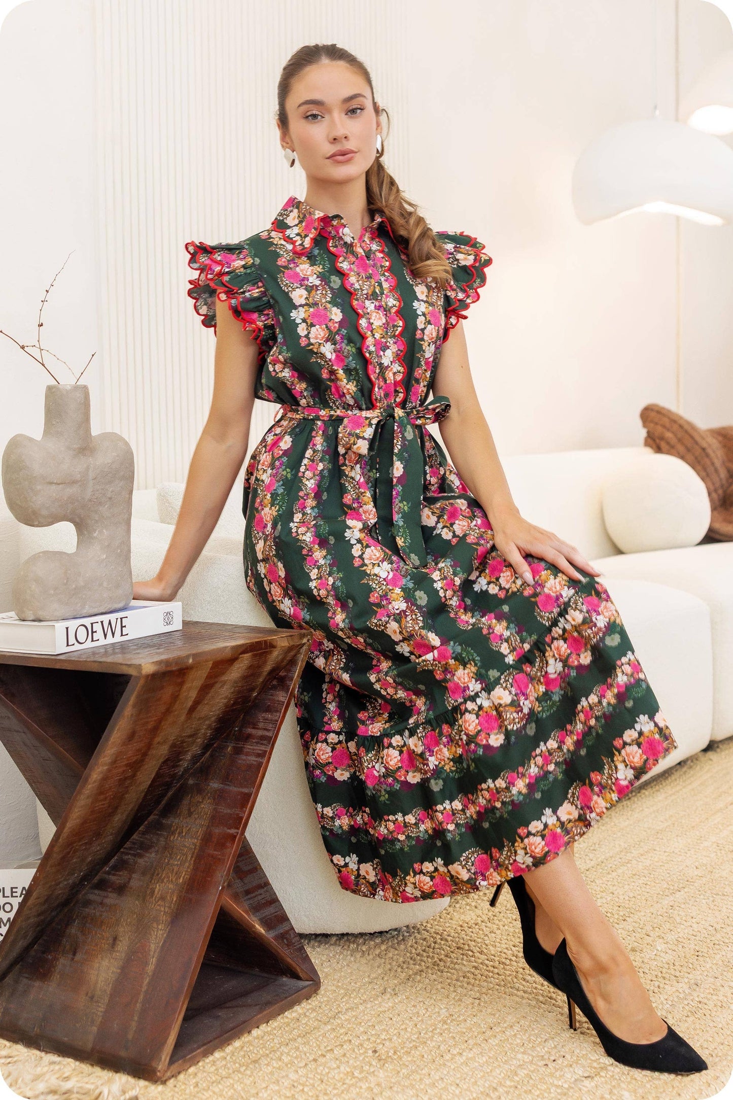 Ruffle Scallop Embroidery Floral Midi Dress: Deep Green/pink Multi / M