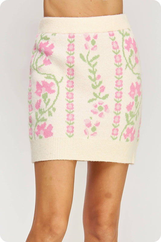 Floral Intarsia Sweater Mini Skirt: Cream / S