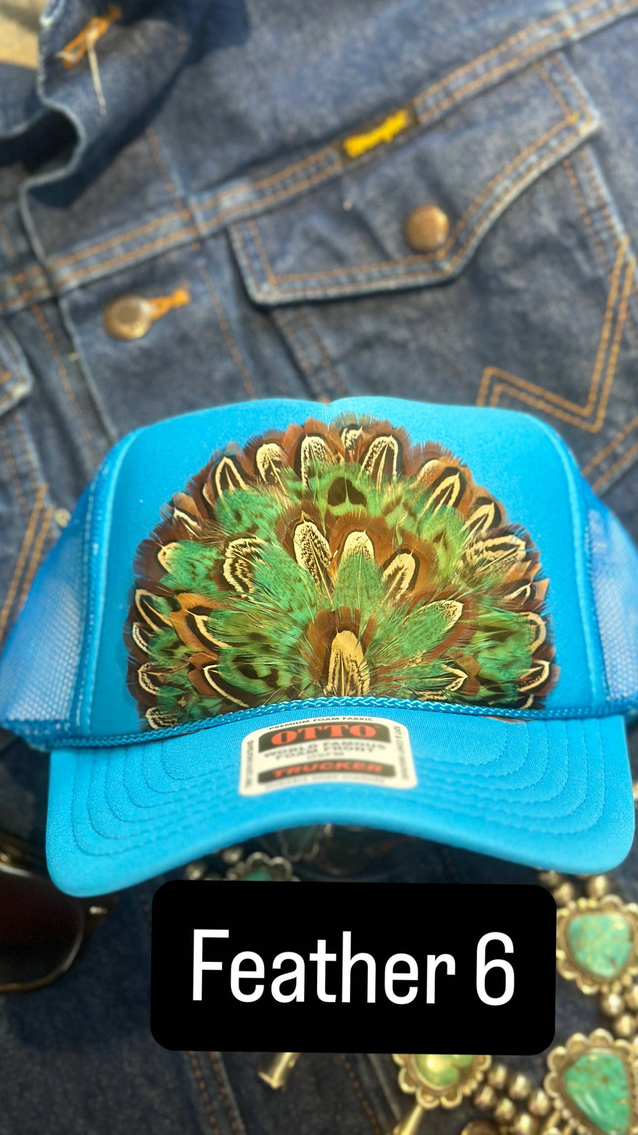 BLUE FEATHER TRUCKER HAT: No Faux Turquoise / Feather 1