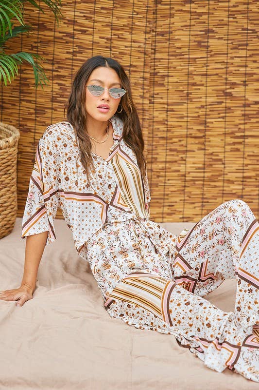 Printed Satin Top And Pants Set: Ivory Multi / M