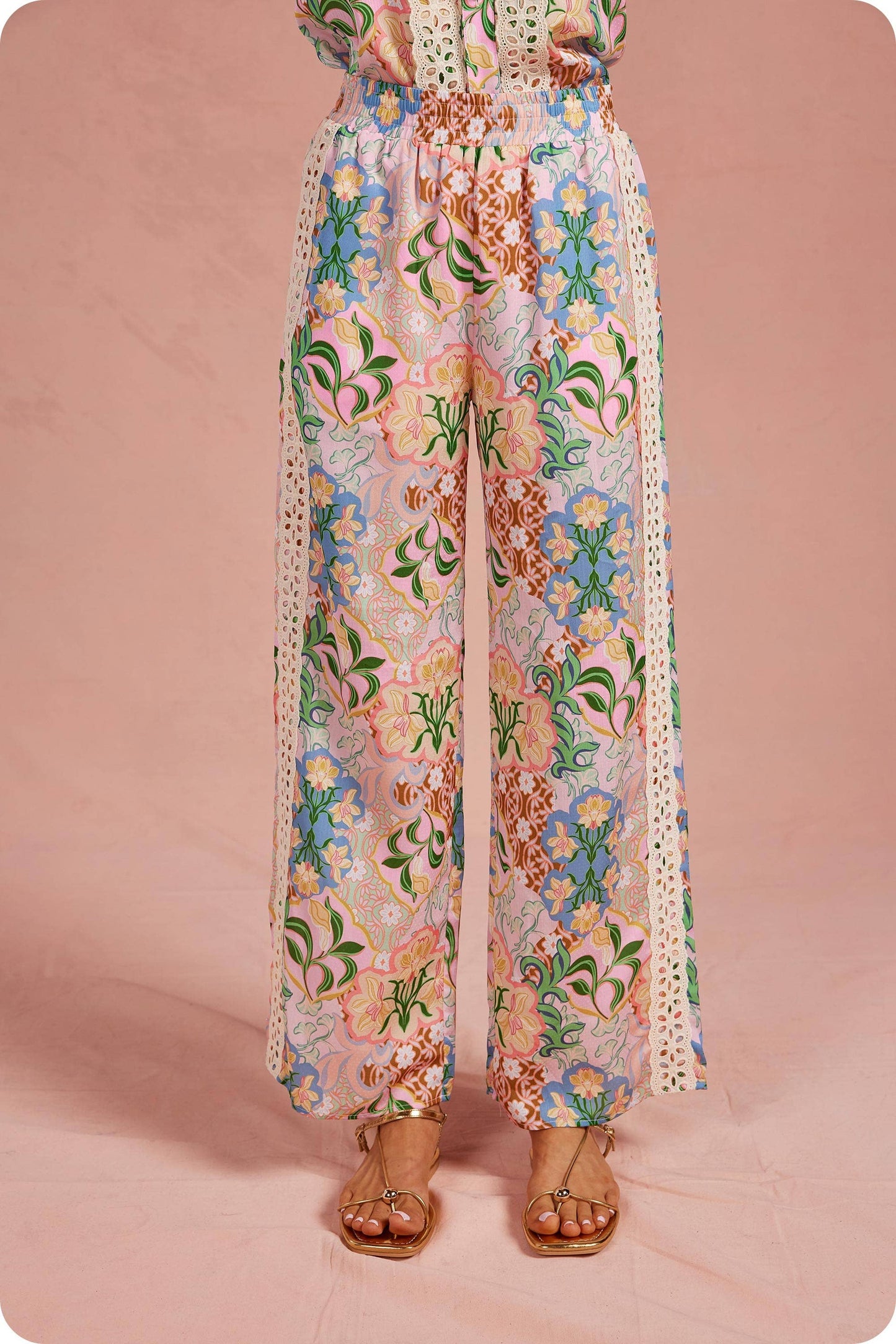 Garden Party Crochet Contrast Satin Pants: Multi / L