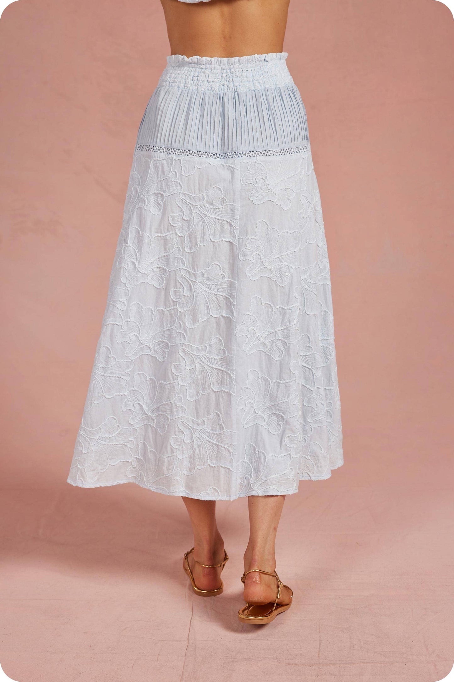Floral Embroidery Cotton Lace Trim Skirt Top Set: Crystal Blue / M