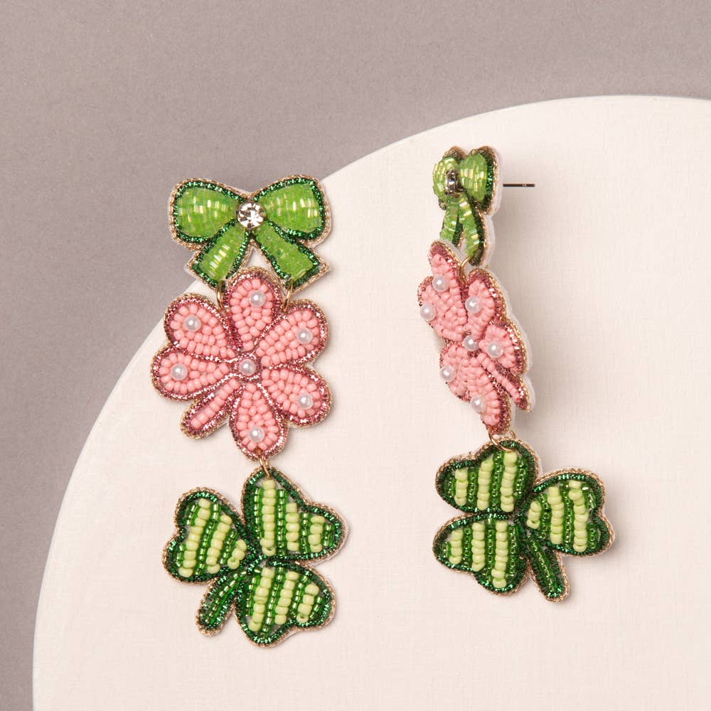 Shamrock Earrings with Pink Clover and Bow