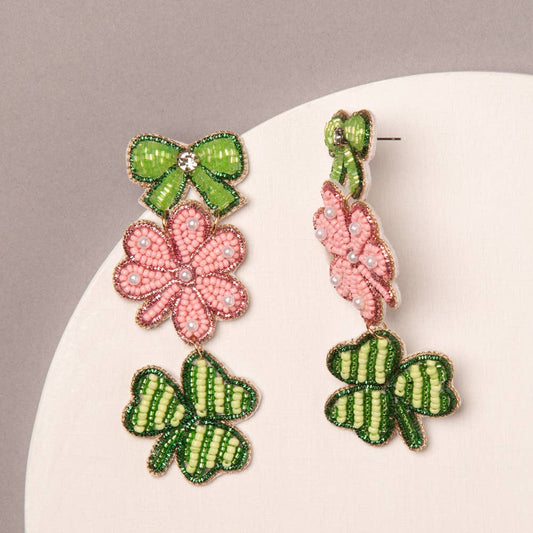 Shamrock Earrings with Pink Clover and Bow