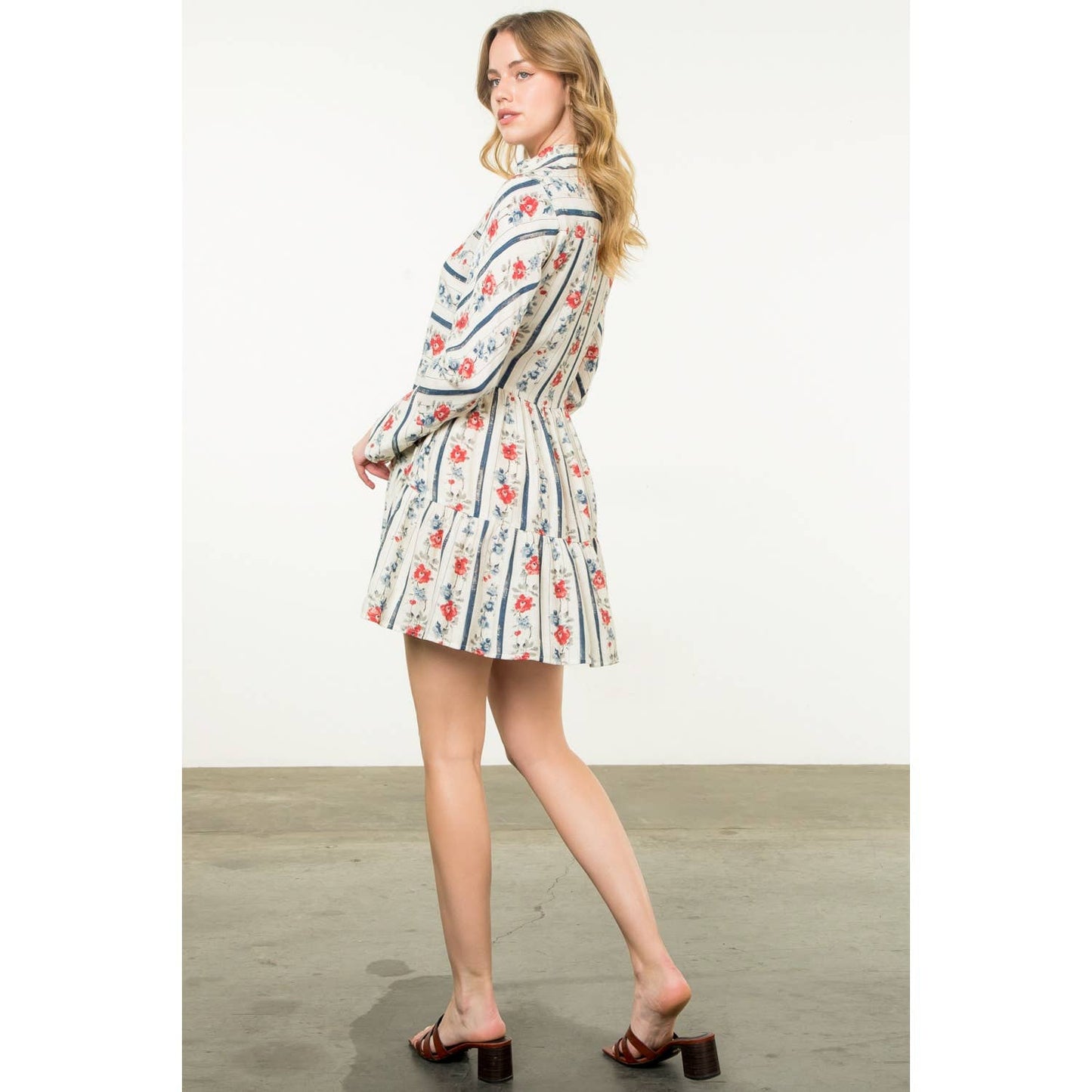 Long Sleeve Floral Dress: CREAM / XS-S-M-L(1-2-2-1)