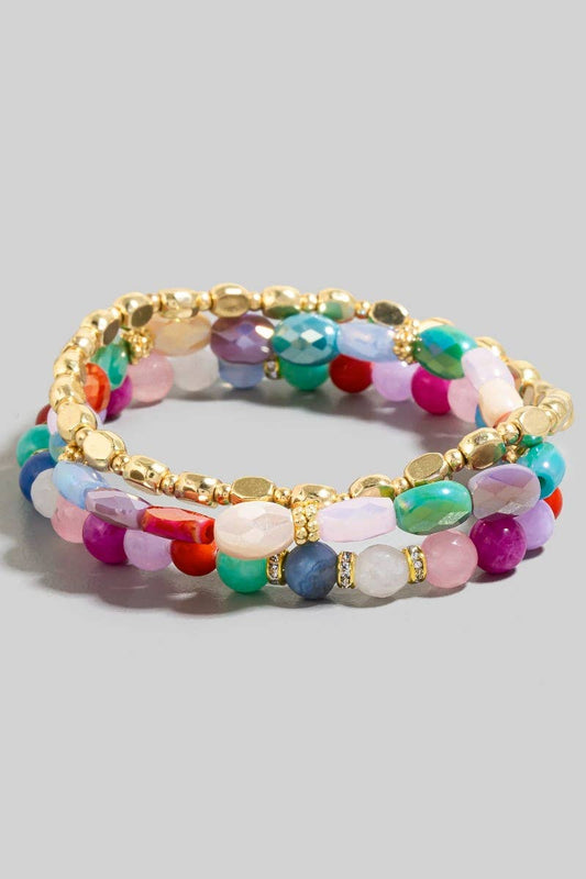 Stone And Metallic Beaded Bracelet Set: MT