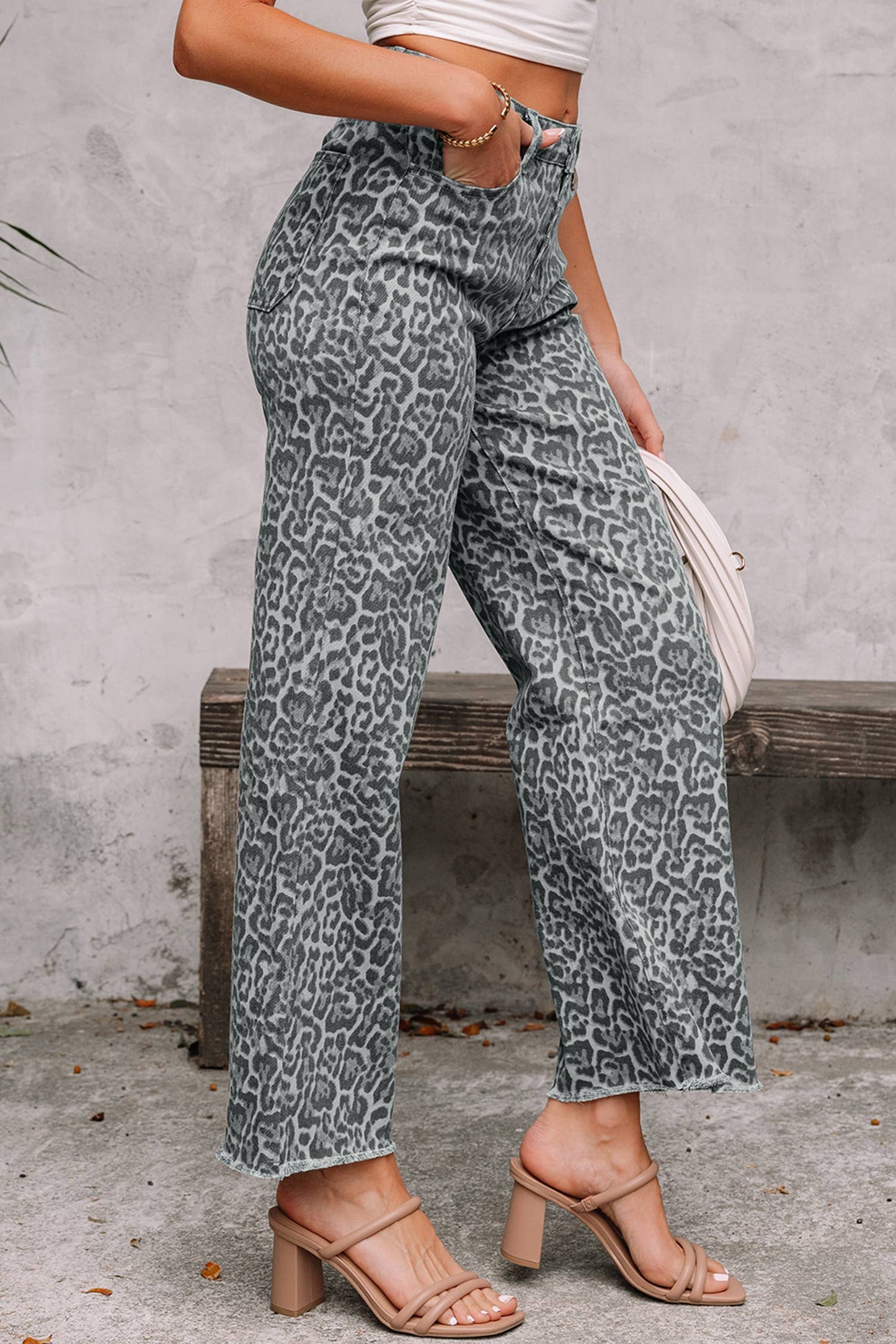 LDC Leopard Frayed Edge Wide Leg High Waist Jeans: Brown / 8