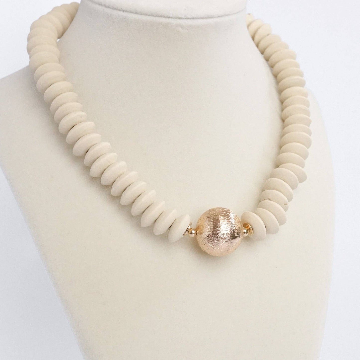 Wood Saucer Beads Short Statement Necklace Gold center Hot Pink Beige: Beige