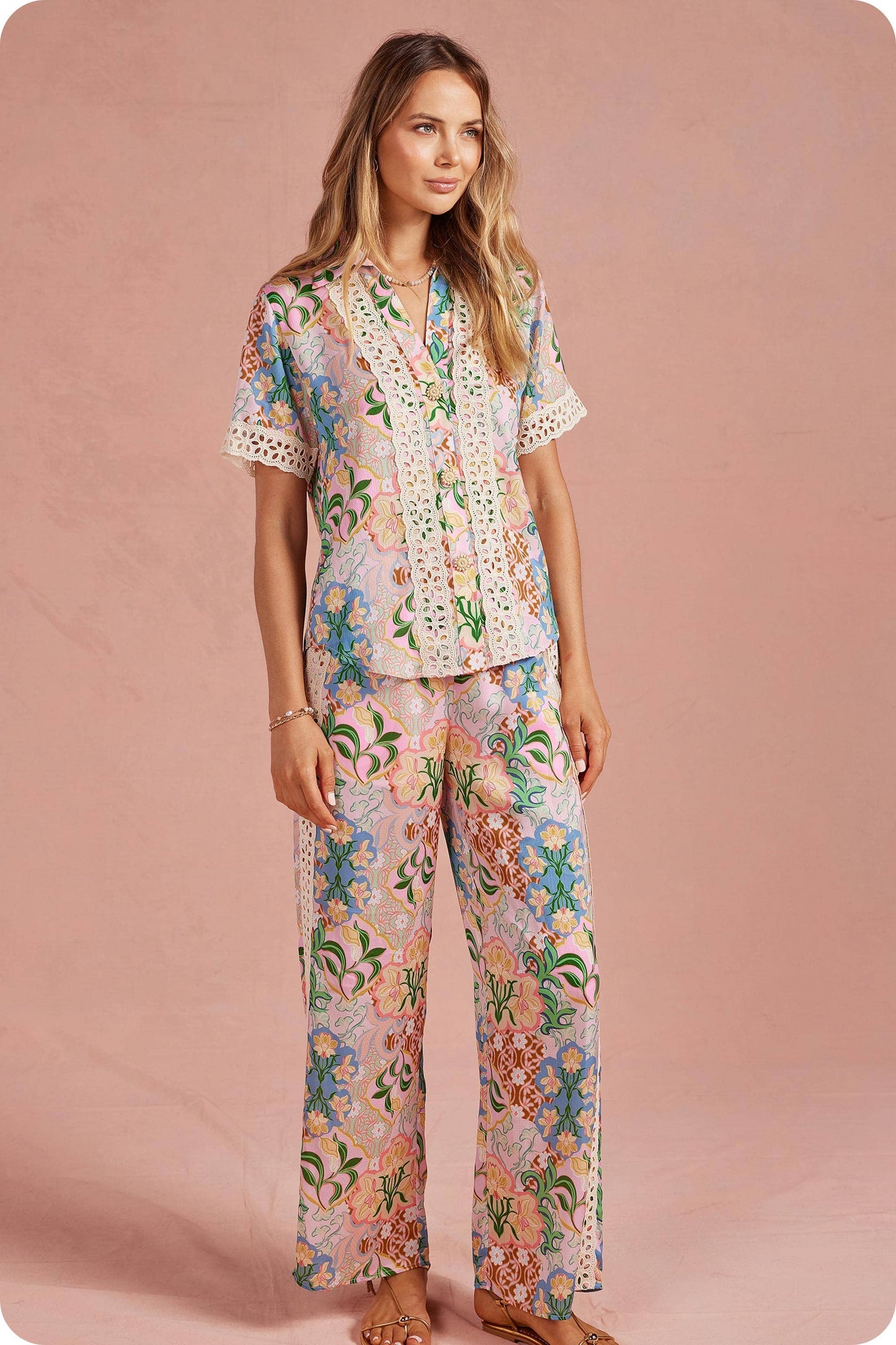 Garden Party Crochet Contrast Trim Satin Shirt: Multi / L