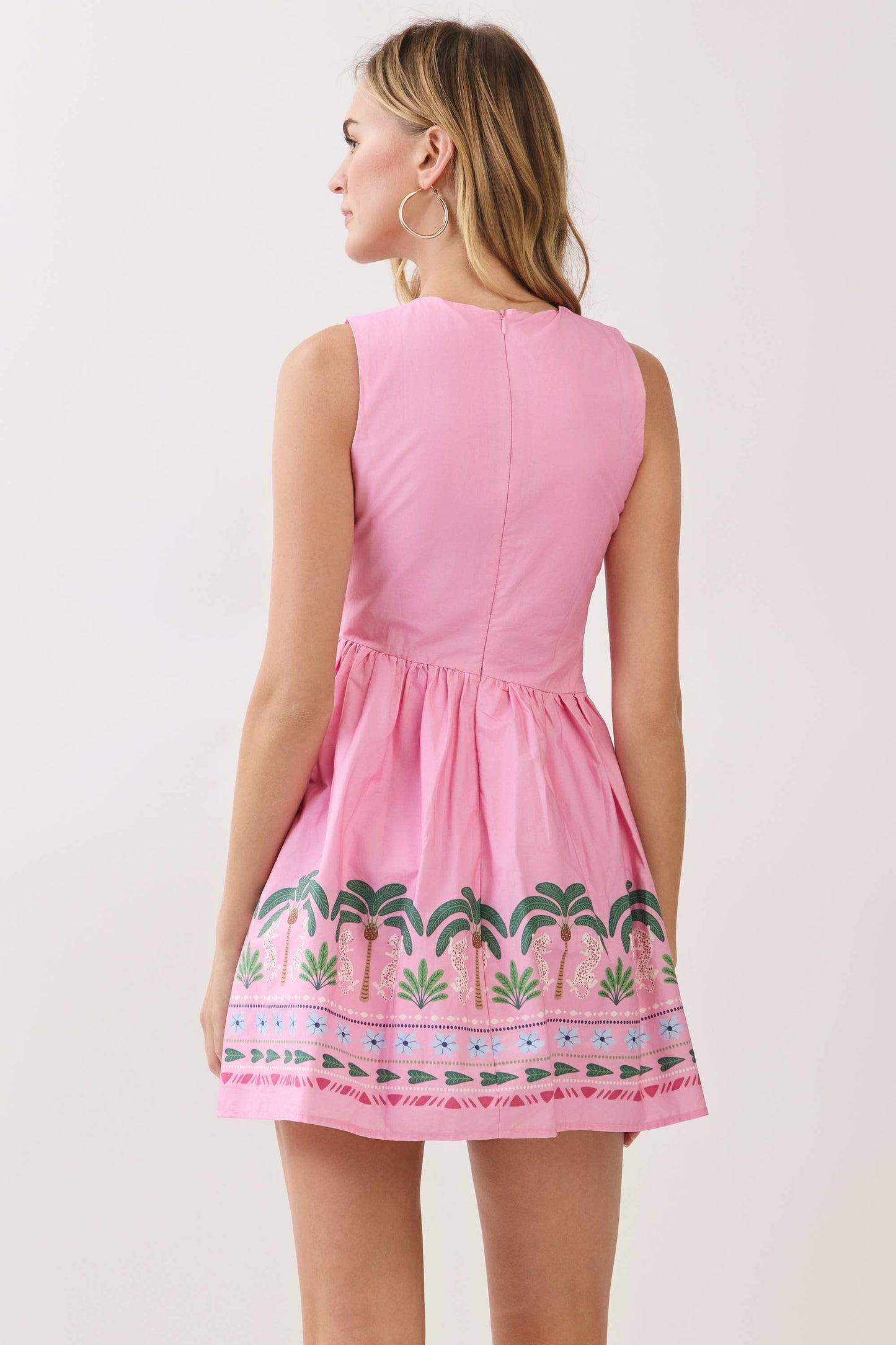CD07105-Tropical Border Print Sleeveless Mini Dress: Pink / S
