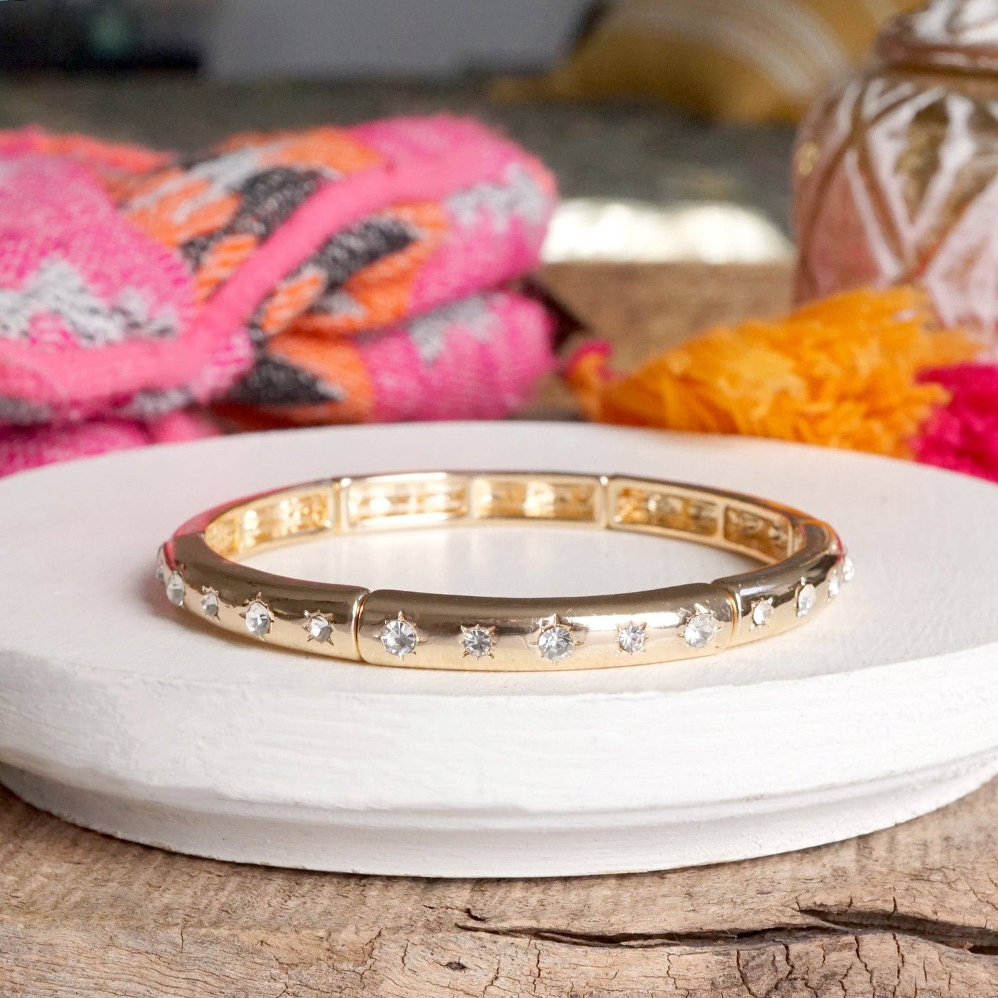 Gold-Tone Eternity Stretch Bangle – Pearls, Turquoise, or Crystals: Wide - Turquoise