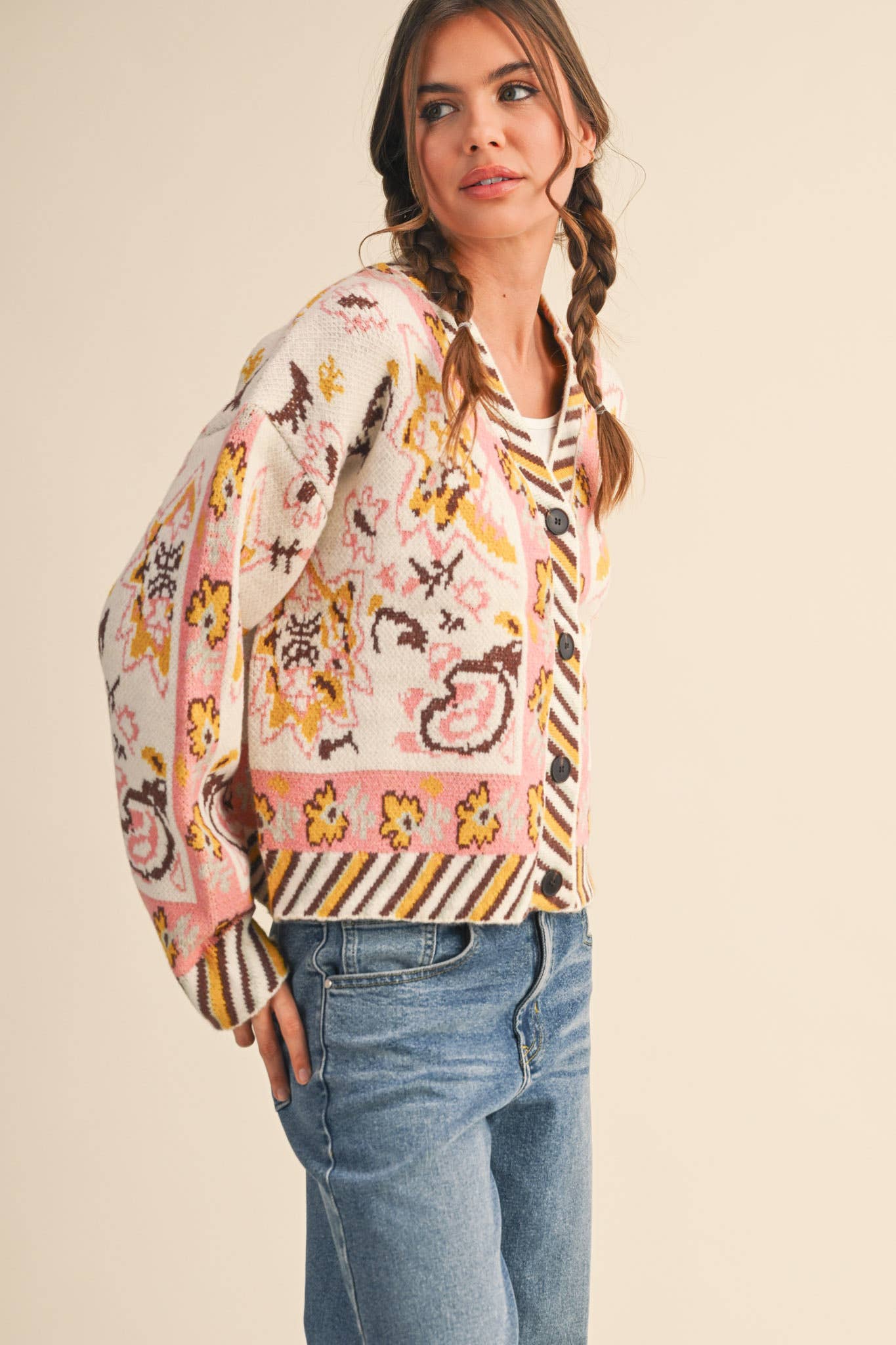 PAISLEY KNIT SWEATER CARDIGAN MSW11102: Ivory Coral Multi / M