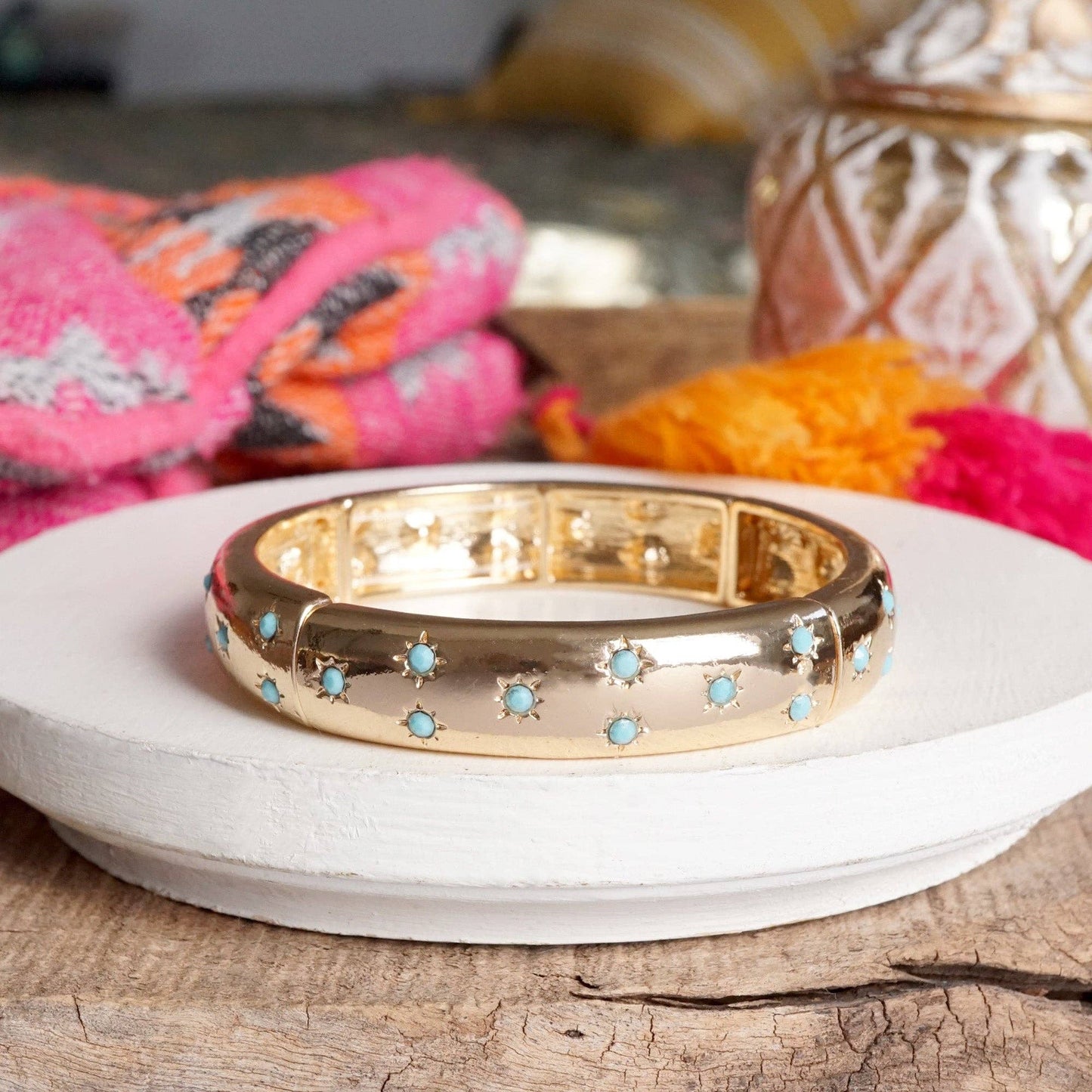 Gold-Tone Eternity Stretch Bangle – Pearls, Turquoise, or Crystals: Wide - Turquoise