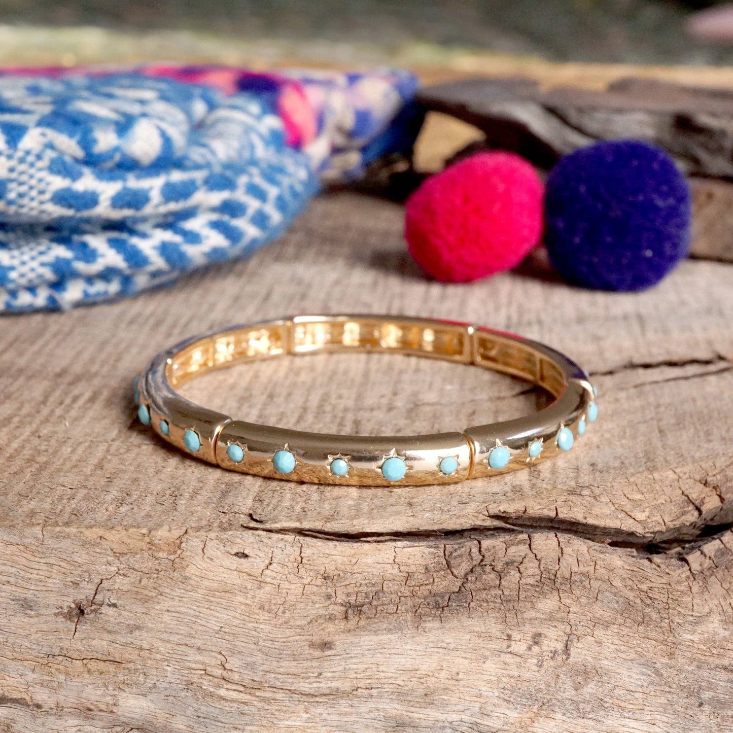 Gold-Tone Eternity Stretch Bangle – Pearls, Turquoise, or Crystals: Wide - Turquoise