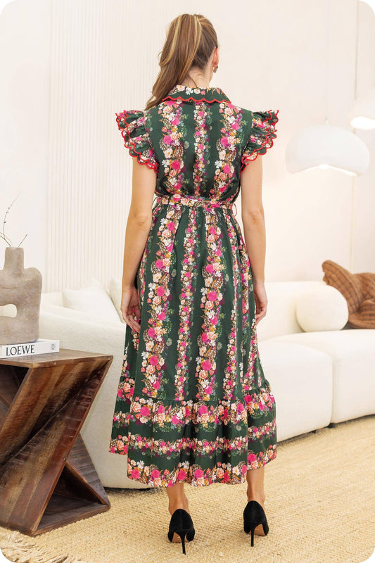 Ruffle Scallop Embroidery Floral Midi Dress: Deep Green/pink Multi / L
