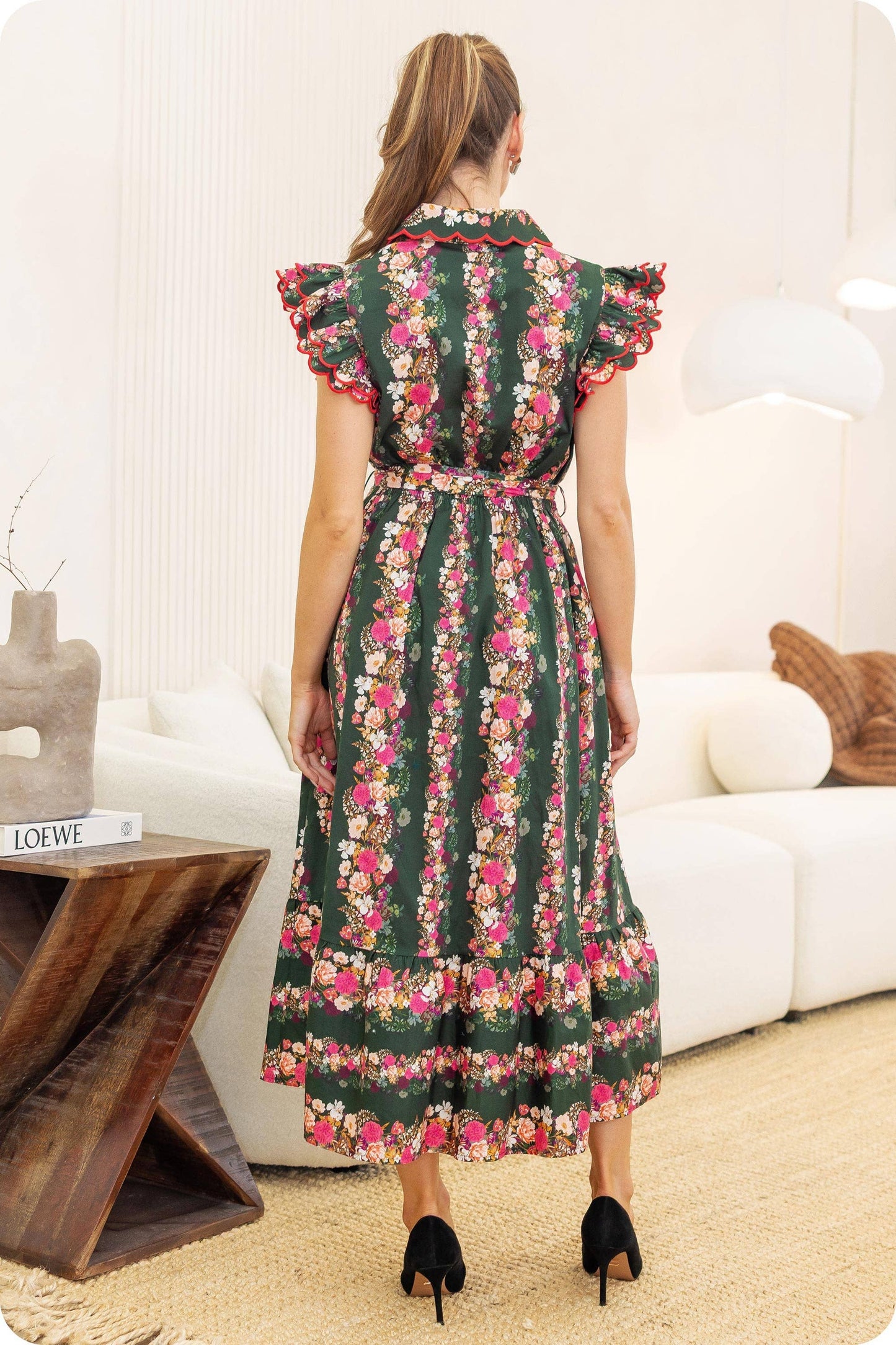 Ruffle Scallop Embroidery Floral Midi Dress: Deep Green/pink Multi / M