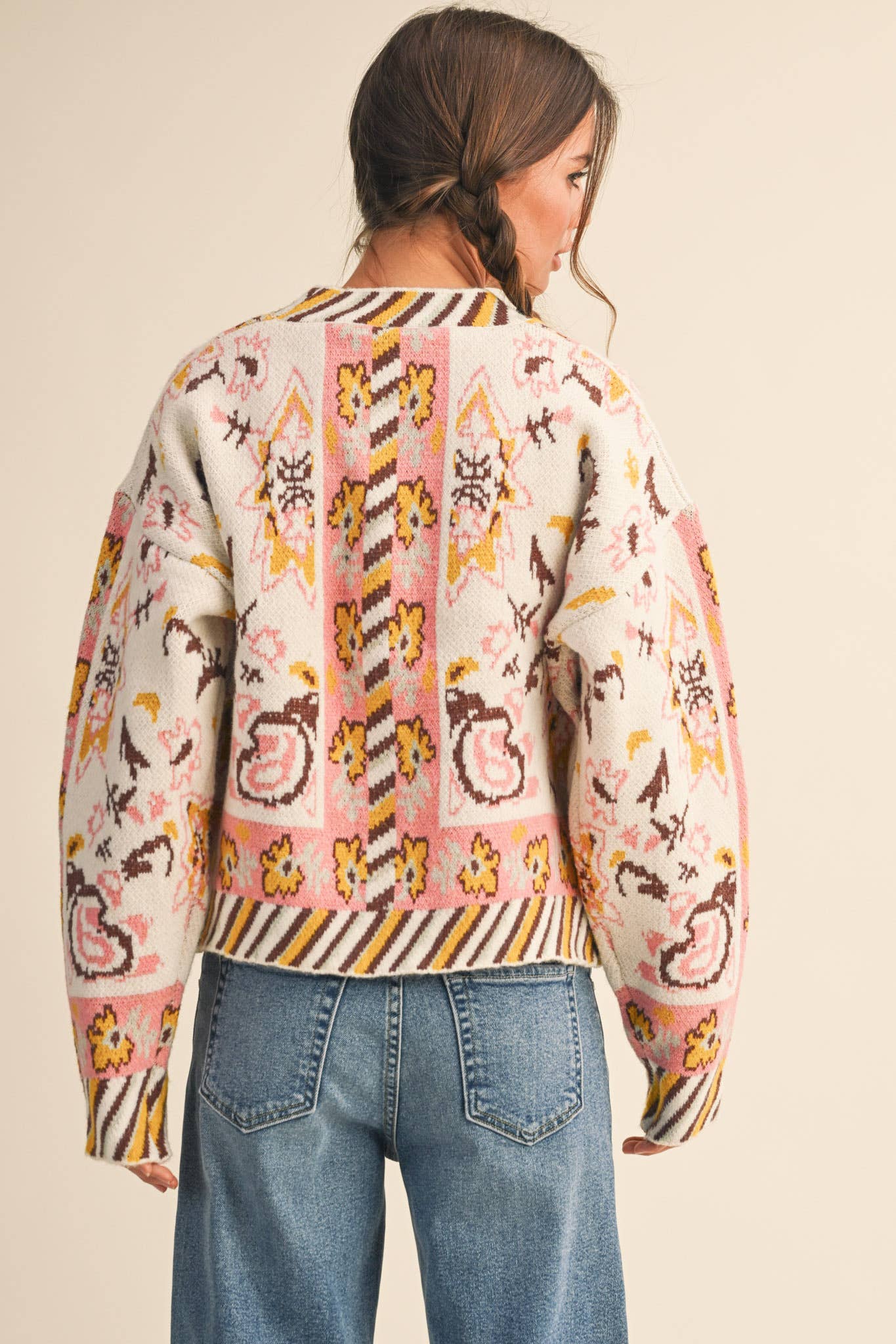 PAISLEY KNIT SWEATER CARDIGAN MSW11102: Ivory Coral Multi / L