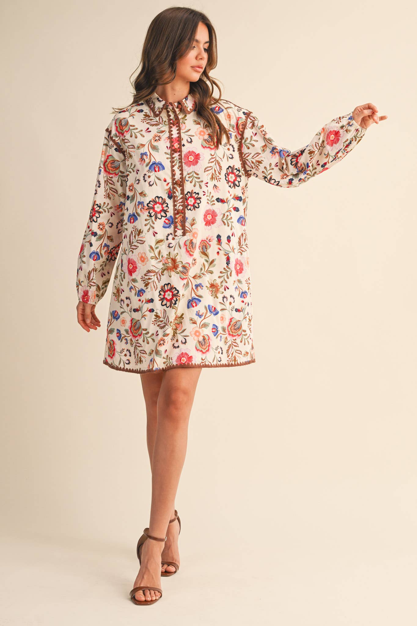 EXCLUSIVE PRINT BLANKET STITCH BUTTONED MINI DRESS MDR4298: Cream Multi / M