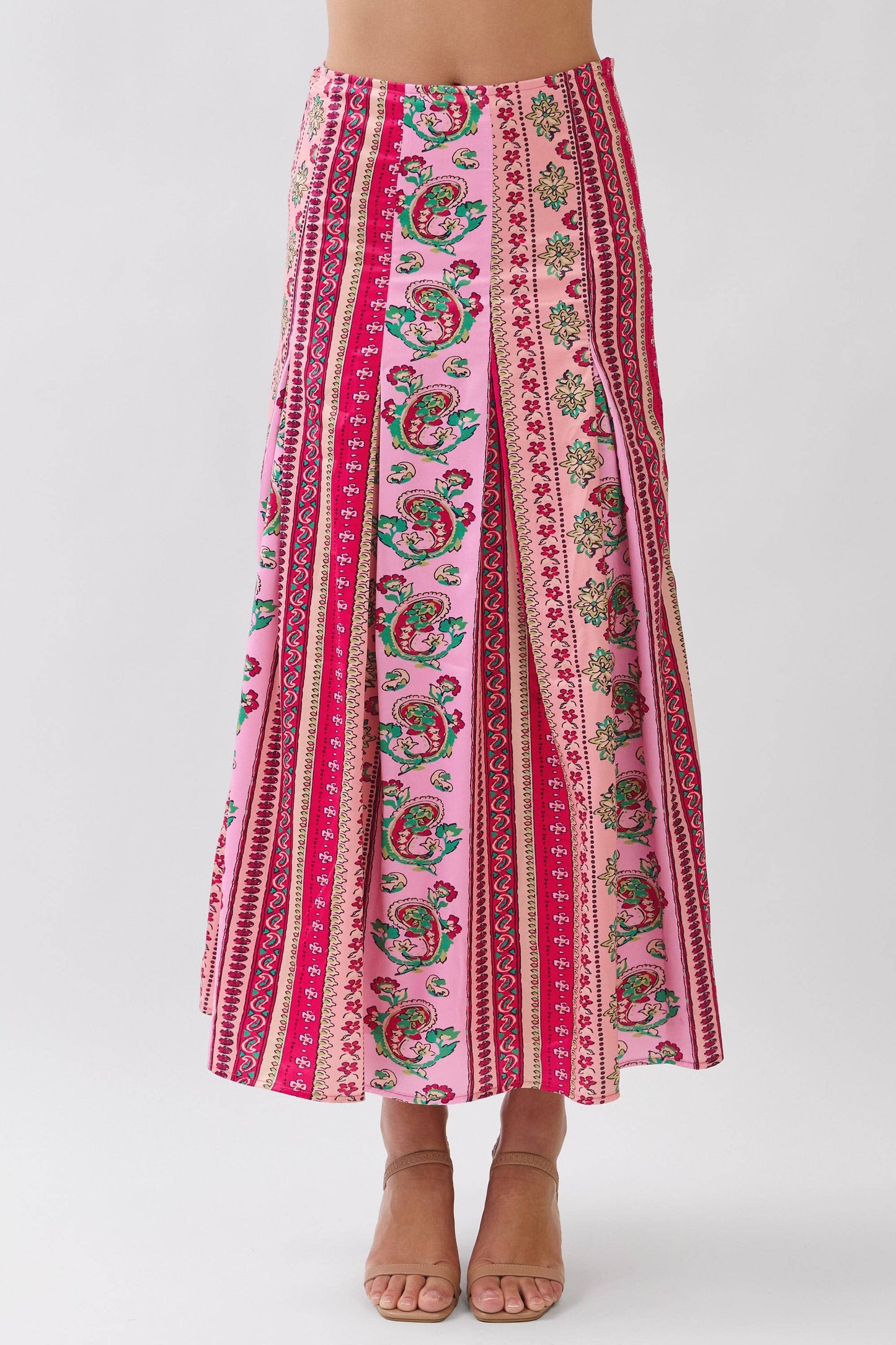 CS4057-Border Print Side Zipper Maxi Skirt: Fuchsia / M