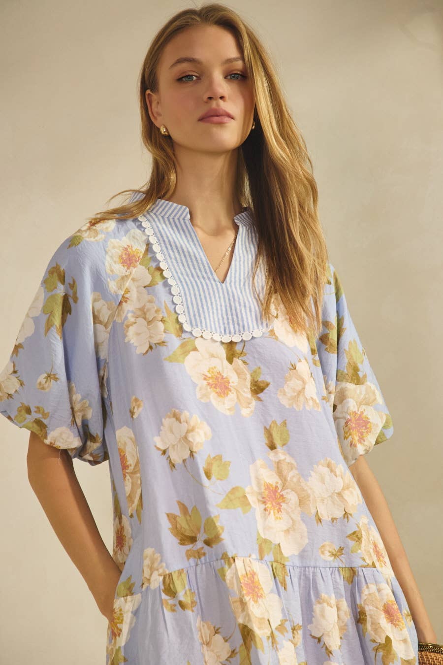 Floral Printed Mini Dress: Periwinkle Multi / S