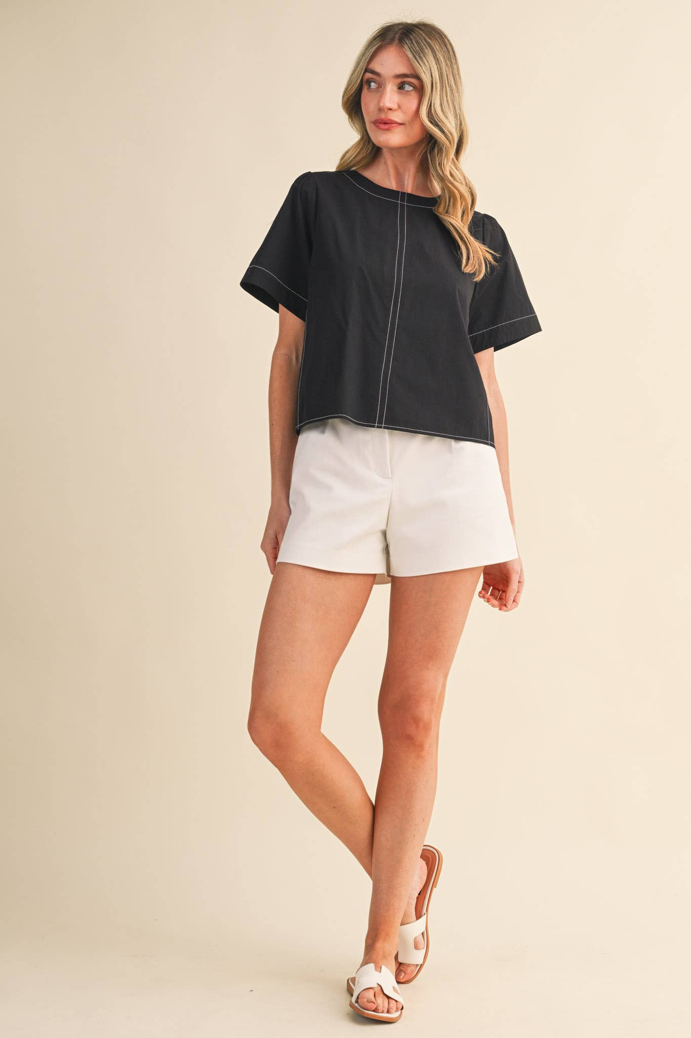 SEAM DETAIL SHORT SLEEVE BOXY TOP MTP4795: APPLE GREEN / M