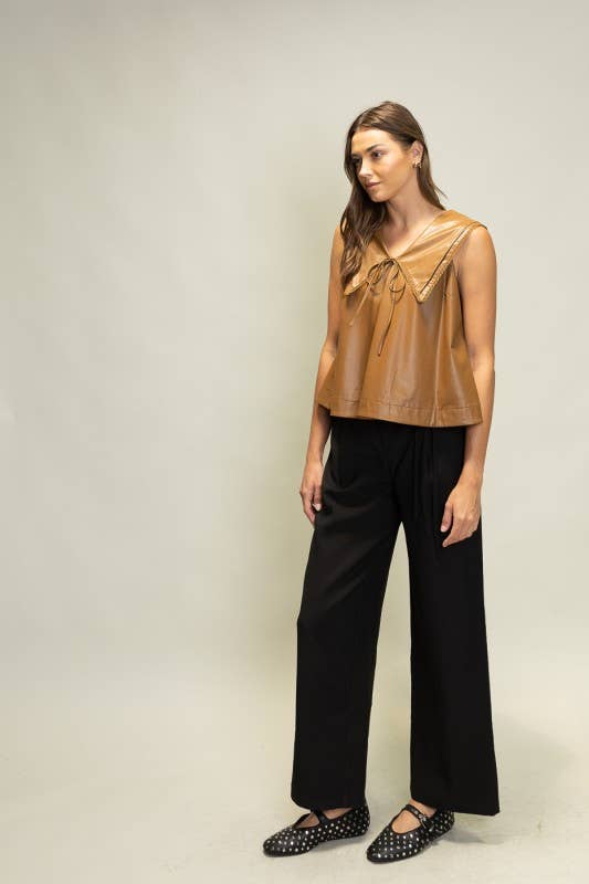 SOT1241 Faux Leather Sailor Collar Top: Black / S-M-L (2-2-2)