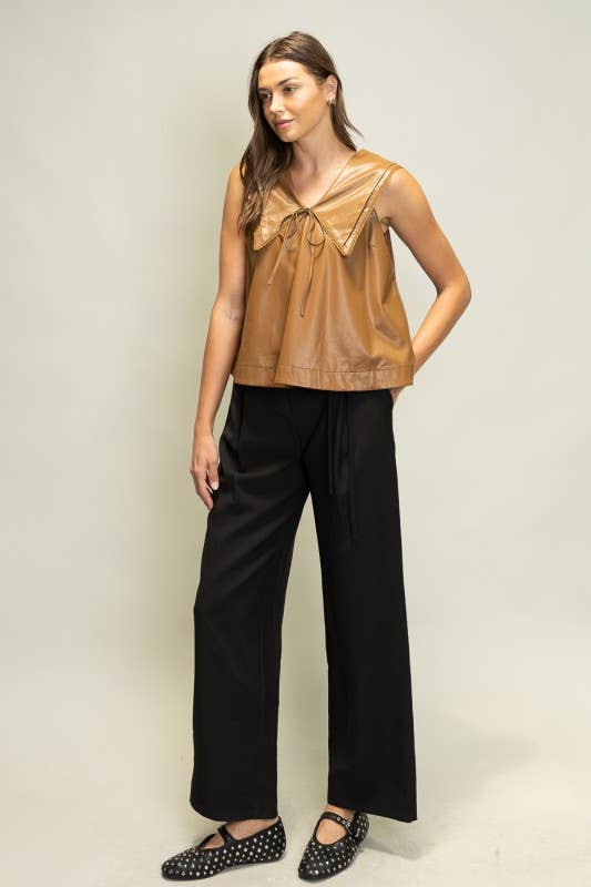 SOT1241 Faux Leather Sailor Collar Top: Black / S-M-L (2-2-2)