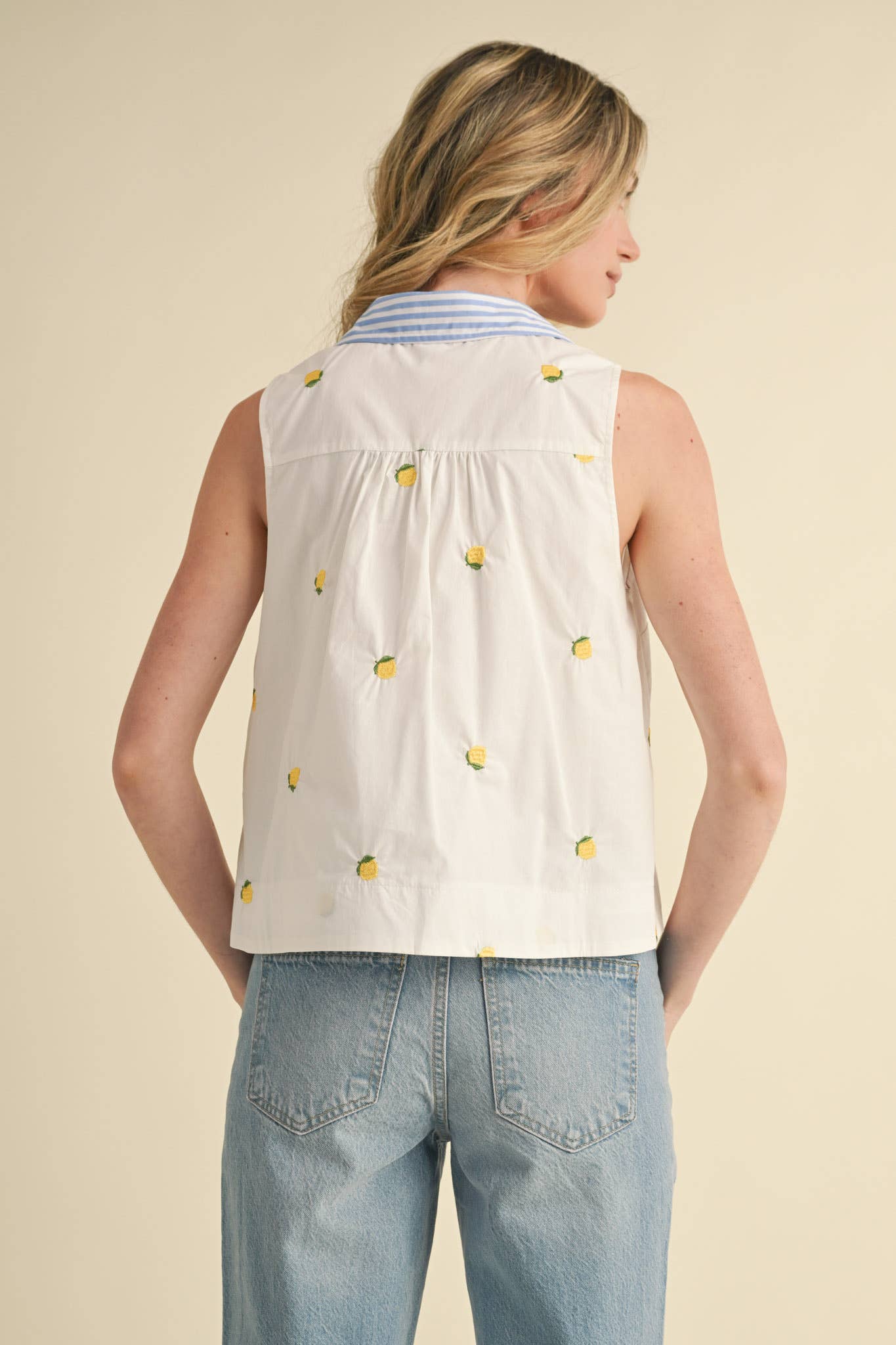 FRUIT EMBROIDERY COLLARED TANK MTP3591: Lemon / L