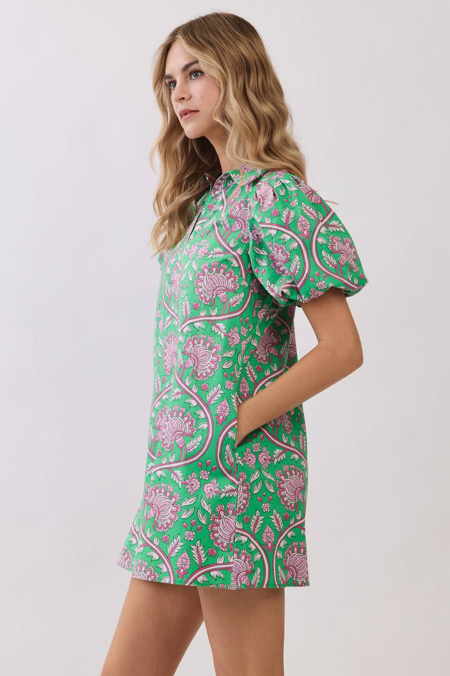 CD07213-Paisley Print Puff Sleeve Mini Dress: Green / M