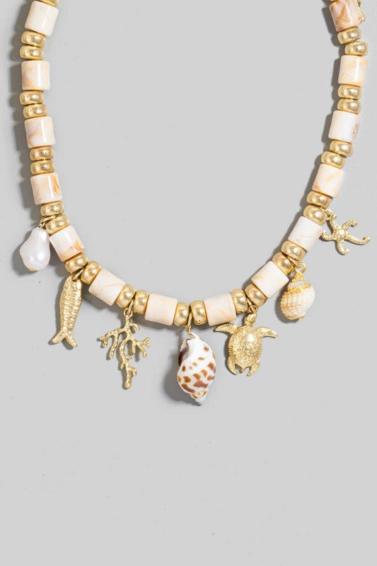 Sea Life And Pearl Charms Stone Beaded Necklace: GDIVY