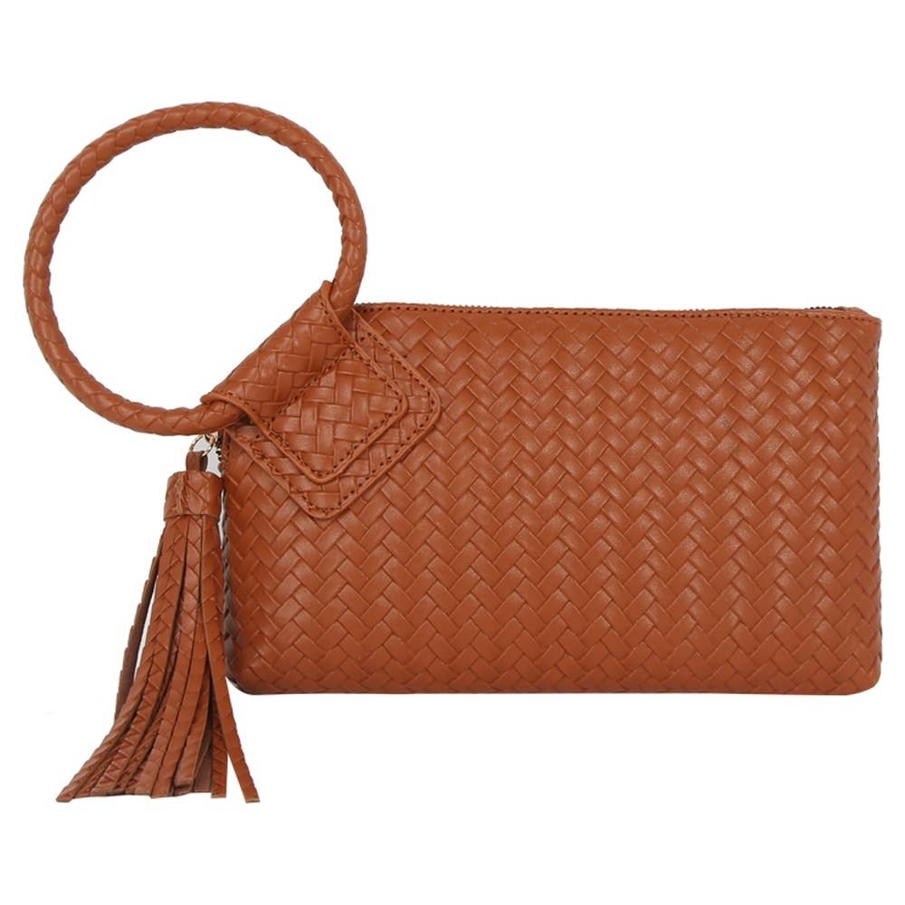 Faux Leather Woven Fringe Cuff Handle Clutch Bag: TN